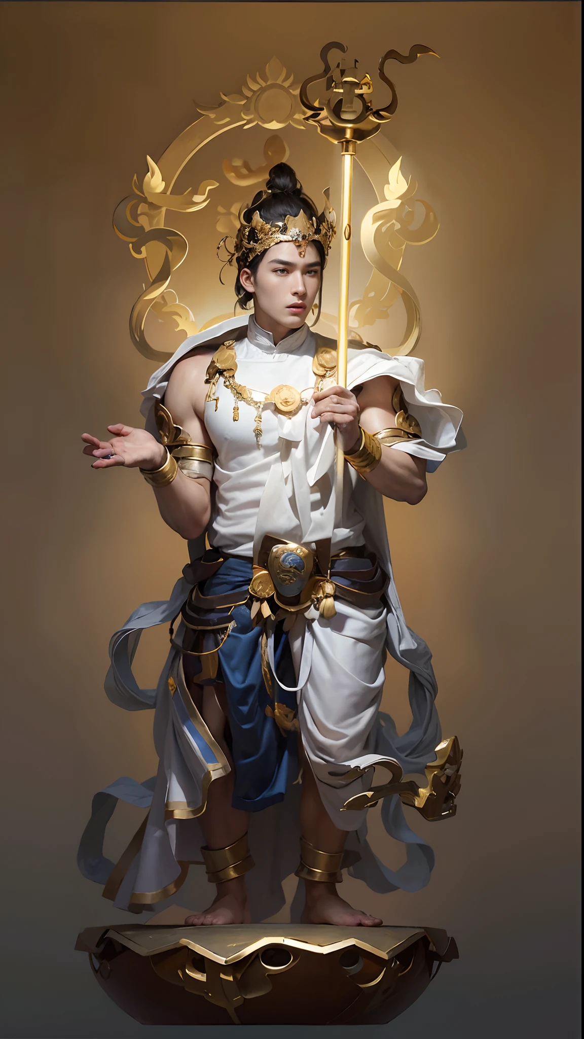 Handsome man, mythical character,(((com um rosto quadrado))),nobles,The king,king,Look ahead,Heads-up,Handsome,Westerners,muscular face,Muscular body,Perfect proportions,The muscles have expressions in both eyes,King Yan Luo stared ahead,(((Golden lotus throne))),The man wears a white shirt,(((Ancient Roman clothing))),silkouette,White yarn,With muscles,(((Ancient Roman white clothes))),Shirtless,,(((Head background with round light))),(((Behind it is the sun))),(((The man emits a bright and dazzling light))),King Yan took away the metal weapon,Take the Skeleton Staff as an example,Barefoot on both feet,Step on the nasturtium,photorealestic,professional photoshooting,Realiy,超高分辨率,tmasterpiece,