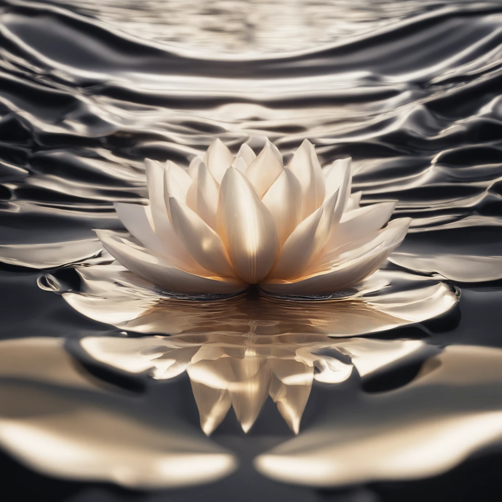 Lotus leaf, lotuses, Eau, courtyard, rays of sunshine, partially underwater shot, symmetry, polar opposites, close-up, Romanticism, Op art, Contemporary art, Luminism, cinematic lighting, sparkle, god rays, ray tracing, UHD, retina, masterpiece, ccurate, super detail, anatomically correct, high details, high quality, award winning, best quality, highres, 16k