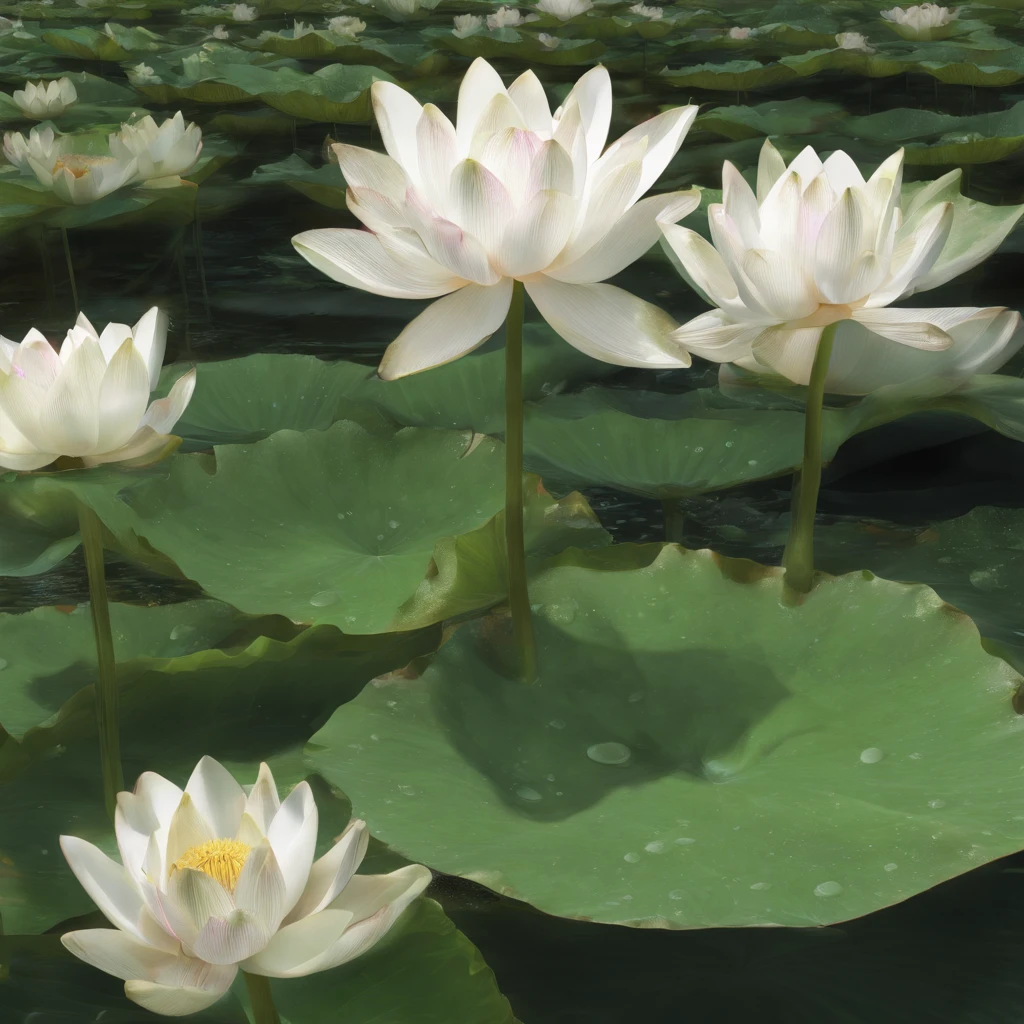 Lotus leaf, lotuses, Eau, courtyard, rays of sunshine, partially underwater shot, symmetry, polar opposites, close-up, Romanticism, Op art, Contemporary art, Luminism, cinematic lighting, sparkle, god rays, ray tracing, UHD, retina, masterpiece, ccurate, super detail, anatomically correct, high details, high quality, award winning, best quality, highres, 16k