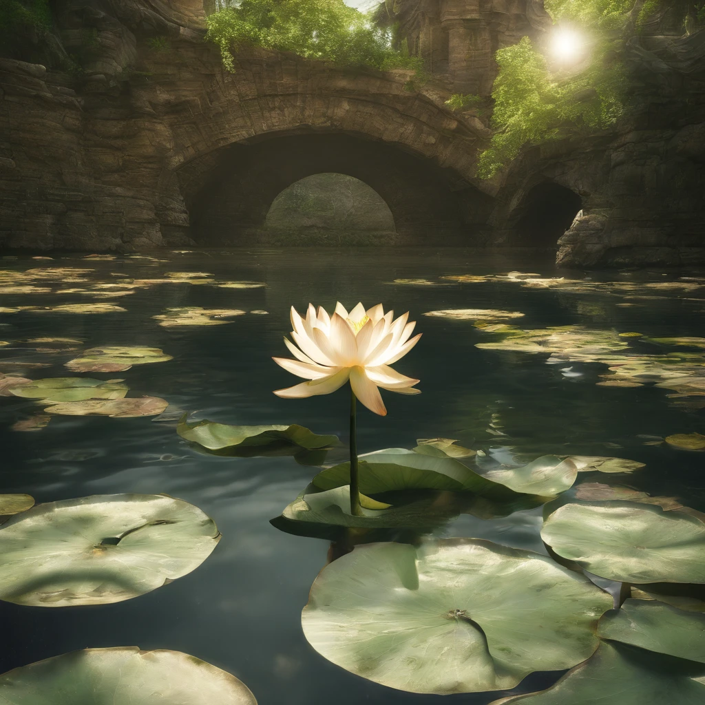 Lotus leaf, lotuses, Eau, courtyard, rays of sunshine, partially underwater shot, symmetry, polar opposites, close-up, Romanticism, Op art, Contemporary art, Luminism, cinematic lighting, sparkle, god rays, ray tracing, UHD, retina, masterpiece, ccurate, super detail, anatomically correct, high details, high quality, award winning, best quality, highres, 16k