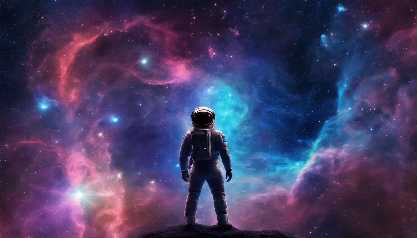 Masterpiece, Stunning, Best quality, a captivating space-themed artwork featuring the ethereal beauty of swirling nebulas and twinkling stars with an astronaut in it dark, blue themed