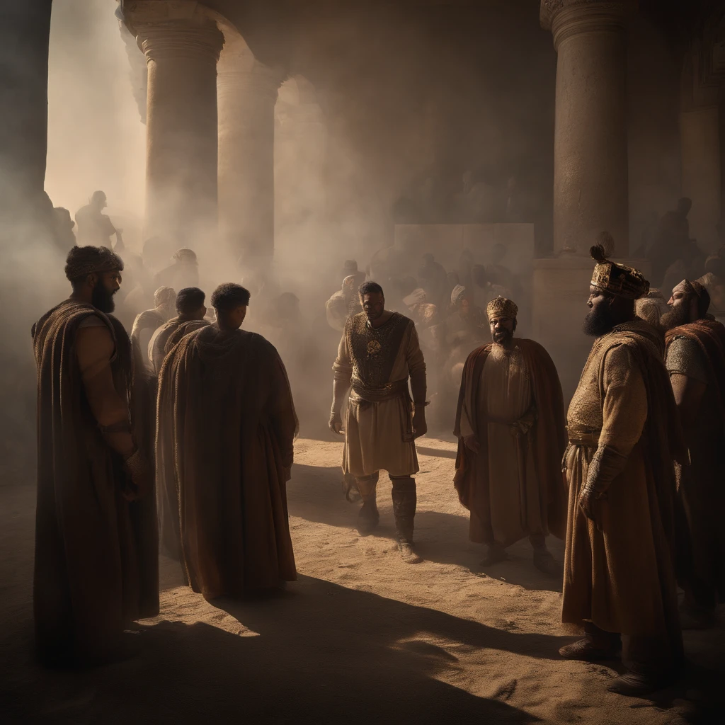 A scene of political conflict, with Jeroboam leading a rebellion against Solomon, highlighting the challenges faced by the king during his reign.