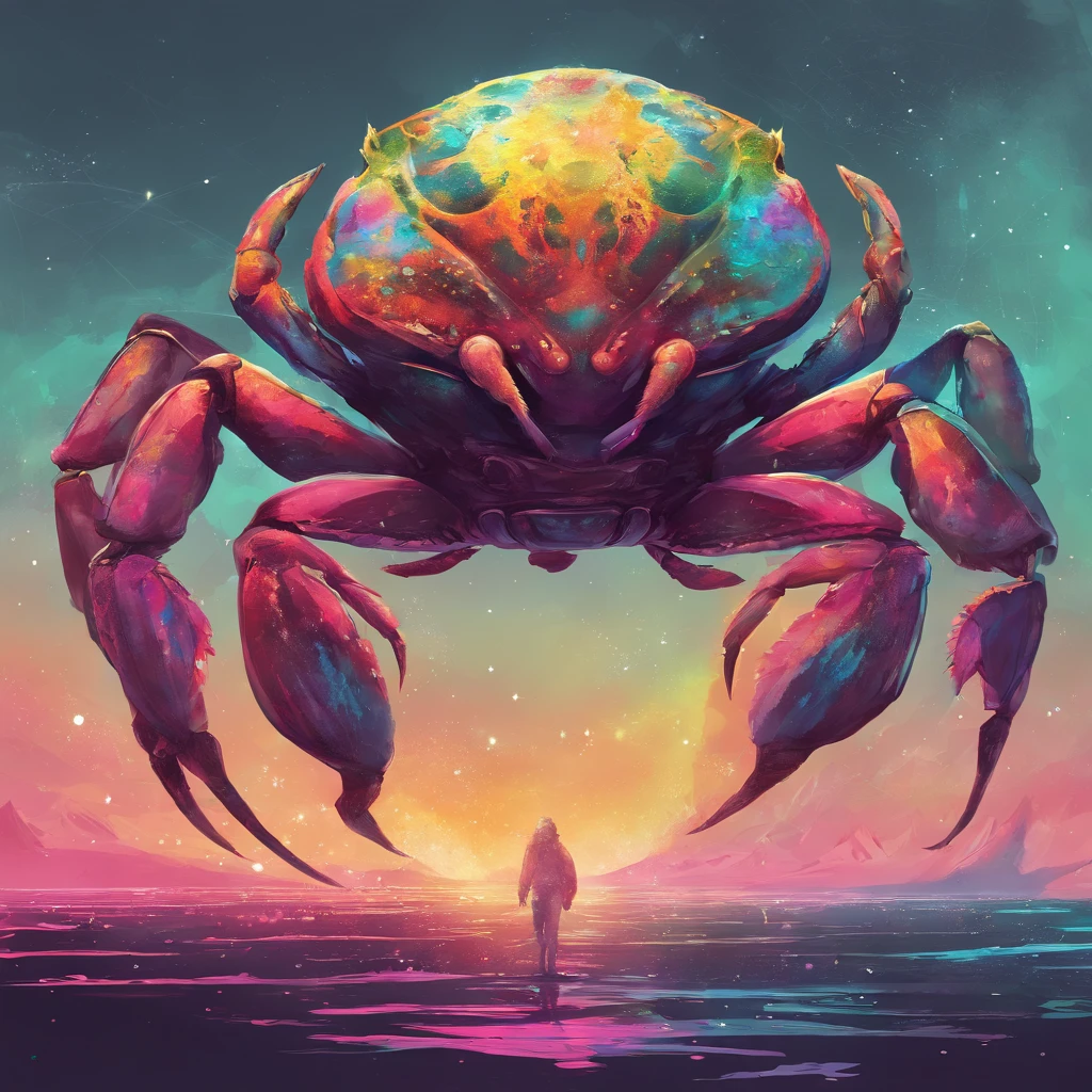 Crab Monster, forceful, Colossal, Crustacean, Drifting in Outer Space, Theme colors are rainbow colors