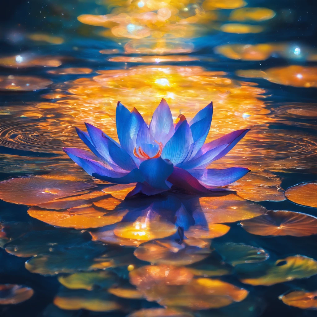 Lotus leaf, lotuses, Eau, courtyard, rays of sunshine, partially underwater shot, symmetry, polar opposites, close-up, Romanticism, Op art, Contemporary art, Luminism, cinematic lighting, sparkle, god rays, ray tracing, UHD, retina, masterpiece, ccurate, super detail, anatomically correct, high details, high quality, award winning, best quality, highres, 16k