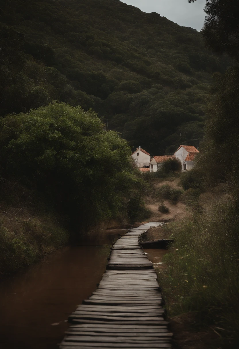 Make a picture of a place, tipo: a creek behind houses, anoite, pedras, areia. Uma cerca. dim sky.