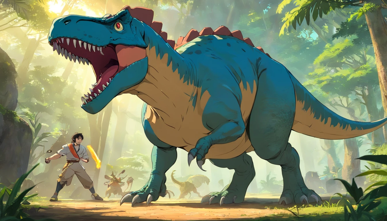 una feroz batalla entre un T-Rex y un triceratops, (La mejor calidad, 4k, Altas Resoluciones, Ultra detallado), Lucha intensa, rugidos y trompetas, Dusty prehistoric landscape, Sombras realistas, vivid colors, (Detallado, intrincado, elaborar) Escamas y texturas de dinosaurios, Dynamic Moves, (feroz, determinado) Expresiones en las caras de dinosaurios, (poderoso, muscular) Cuerpos, dientes afilados y cuernos, (big size ass, imponente) Size, (dramatic, dynamic) luci, (poderoso, energetic) Plantea, (tension, anticipation) En el aire,1 versus 1,sangre,cazando,defendiendose,lucha de vida o muerte