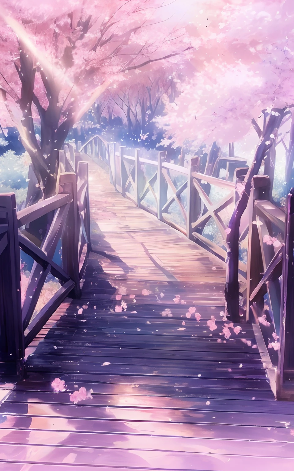 There is a painting of a bridge，There is a bench on it, Anime background art, beautiful anime scenery, anime beautiful peace scene, beautiful anime scenes, anime backgrounds, Anime landscapes, landscape artwork, anime landscape wallpapers, Anime landscape concept art, Cherry blossom forest, Anime art wallpaper 4k, Anime art wallpaper 4 K, Beautiful anime artwork, colorful anime movie background
