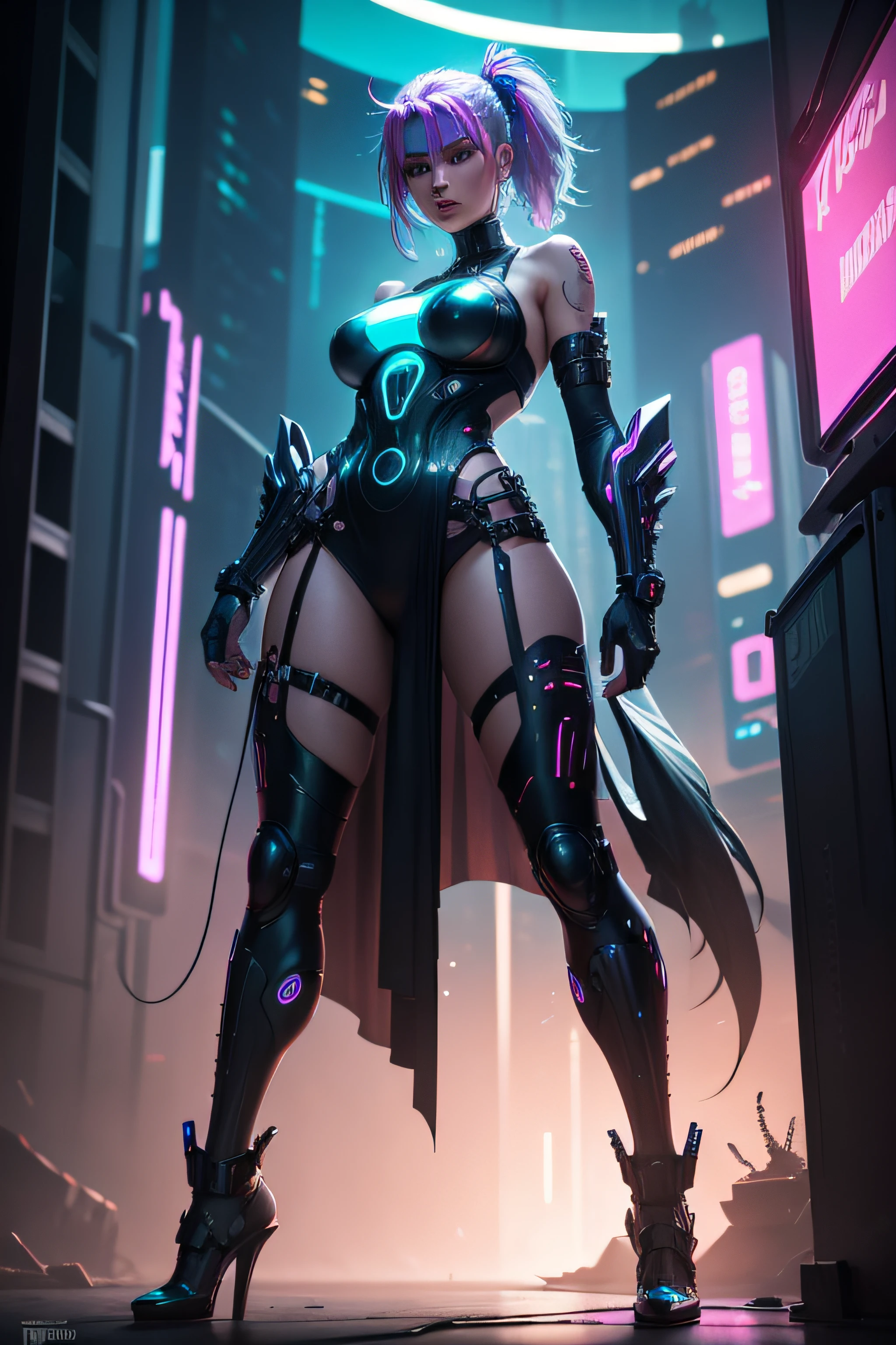 A mesmerizing vision of futurism embodied within a seductive cyberpunk warrior, ready for battle under the neon glow.
