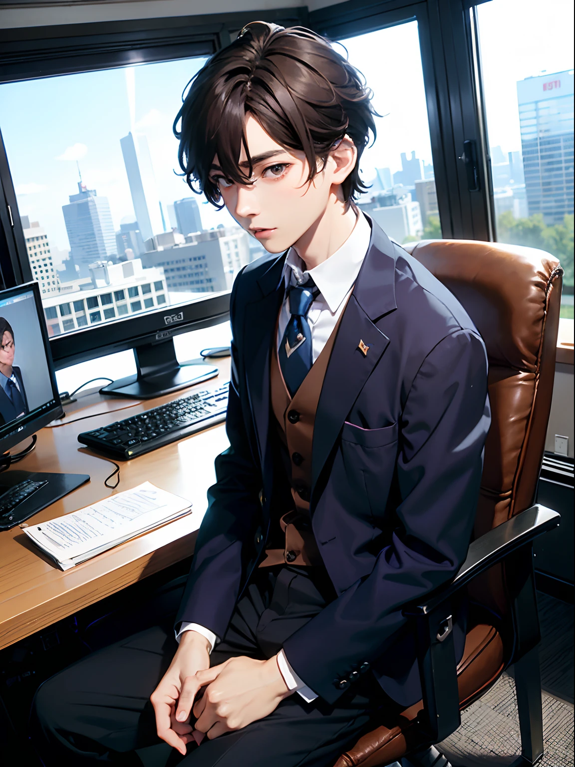 1boy,11 only、(Man's :2),(bobhair:1.5)、Brown hair、Dark blue suit、Brightly colored ties、Cluttered office、Natural lighting、hightquality、masutepiece,8K,hight resolution、