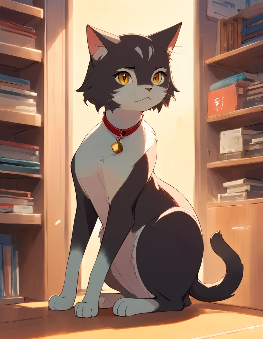 toro, tuxedo cat, Aseo de ojos estrechos、ocio、Color principal negro, Color secundario cian, Fondo amarillo dorado, artistic, sofisticado, Warm style, Las formas incluyen gatos abstractos, Playful forms, Pieza elegante, Las texturas incluyen texturas de pelaje, Pintura lisa, textura de la tela, Lines contain elegant lines, Curvas naturales, Silueta delicada, La forma es elegante, accesible, expresivo, aesthetic.