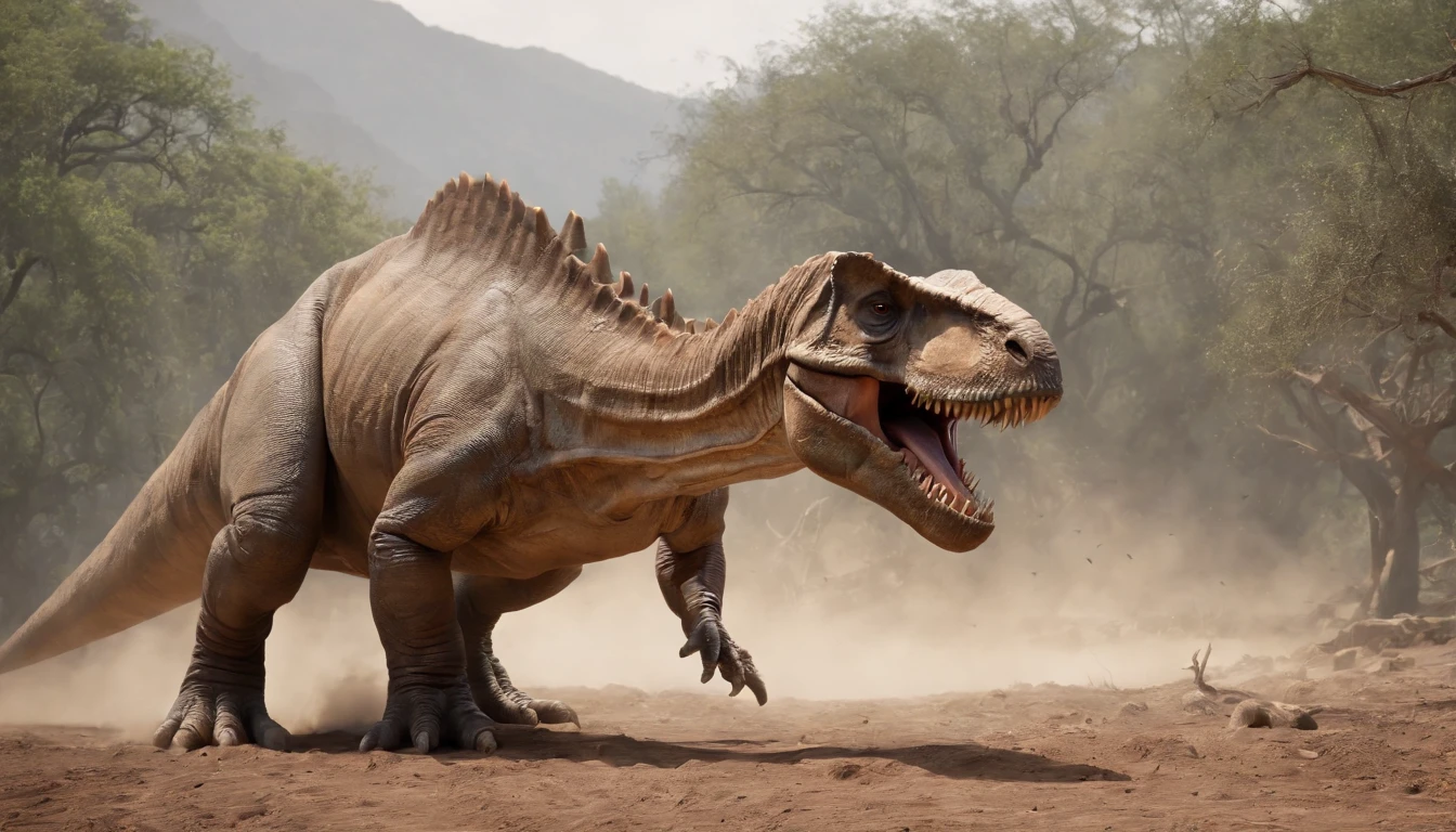 una feroz batalla entre un T-Rex y un triceratops, (La mejor calidad, 4k, Altas Resoluciones, Ultra detallado), Lucha intensa, rugidos y trompetas, Dusty prehistoric landscape, Sombras realistas, vivid colors, (Detallado, intrincado, elaborar) Escamas y texturas de dinosaurios, Dynamic Moves, (feroz, determinado) Expresiones en las caras de dinosaurios, (poderoso, muscular) Cuerpos, dientes afilados y cuernos, (big size ass, imponente) Size, (dramatic, dynamic) luci, (poderoso, energetic) Plantea, (tension, anticipation) En el aire,1 versus 1,sangre,cazando,defendiendose,lucha de vida o muerte