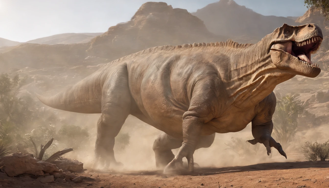 una feroz batalla entre un T-Rex y un triceratops, (La mejor calidad, 4k, Altas Resoluciones, Ultra detallado), Lucha intensa, rugidos y trompetas, Dusty prehistoric landscape, Sombras realistas, vivid colors, (Detallado, intrincado, elaborar) Escamas y texturas de dinosaurios, Dynamic Moves, (feroz, determinado) Expresiones en las caras de dinosaurios, (poderoso, muscular) Cuerpos, dientes afilados y cuernos, (big size ass, imponente) Size, (dramatic, dynamic) luci, (poderoso, energetic) Plantea, (tension, anticipation) En el aire,1 versus 1,sangre,cazando,defendiendose,lucha de vida o muerte