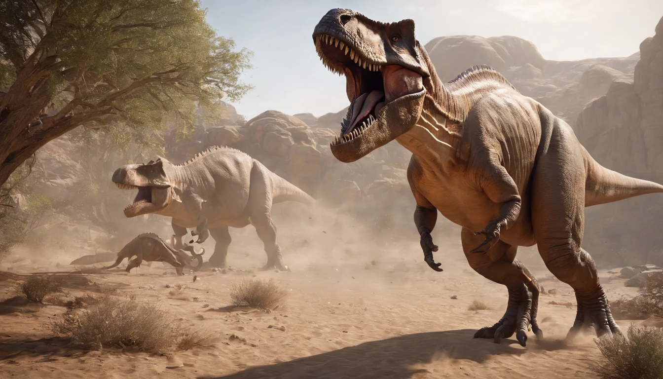 una feroz batalla entre un T-Rex y un triceratops, (La mejor calidad, 4k, Altas Resoluciones, Ultra detallado), Lucha intensa, rugidos y trompetas, Dusty prehistoric landscape, Sombras realistas, vivid colors, (Detallado, intrincado, elaborar) Escamas y texturas de dinosaurios, Dynamic Moves, (feroz, determinado) Expresiones en las caras de dinosaurios, (poderoso, muscular) Cuerpos, dientes afilados y cuernos, (big size ass, imponente) Size, (dramatic, dynamic) luci, (poderoso, energetic) Plantea, (tension, anticipation) En el aire,1 versus 1,sangre,cazando,defendiendose,lucha de vida o muerte