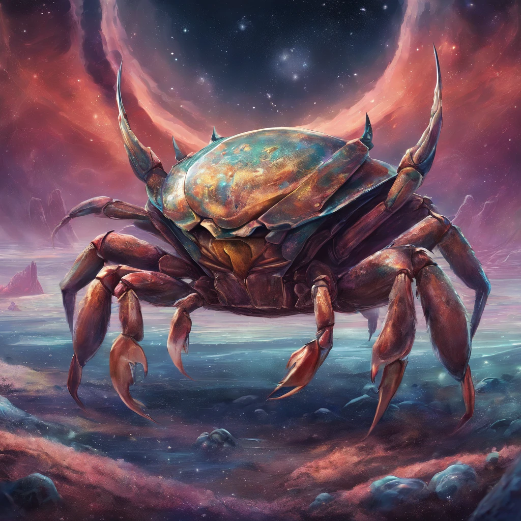 Crab Monster, forceful, Colossal, Crustacean, Drifting in outer space, Theme colors are iridescent, Shaped like fiddler crab