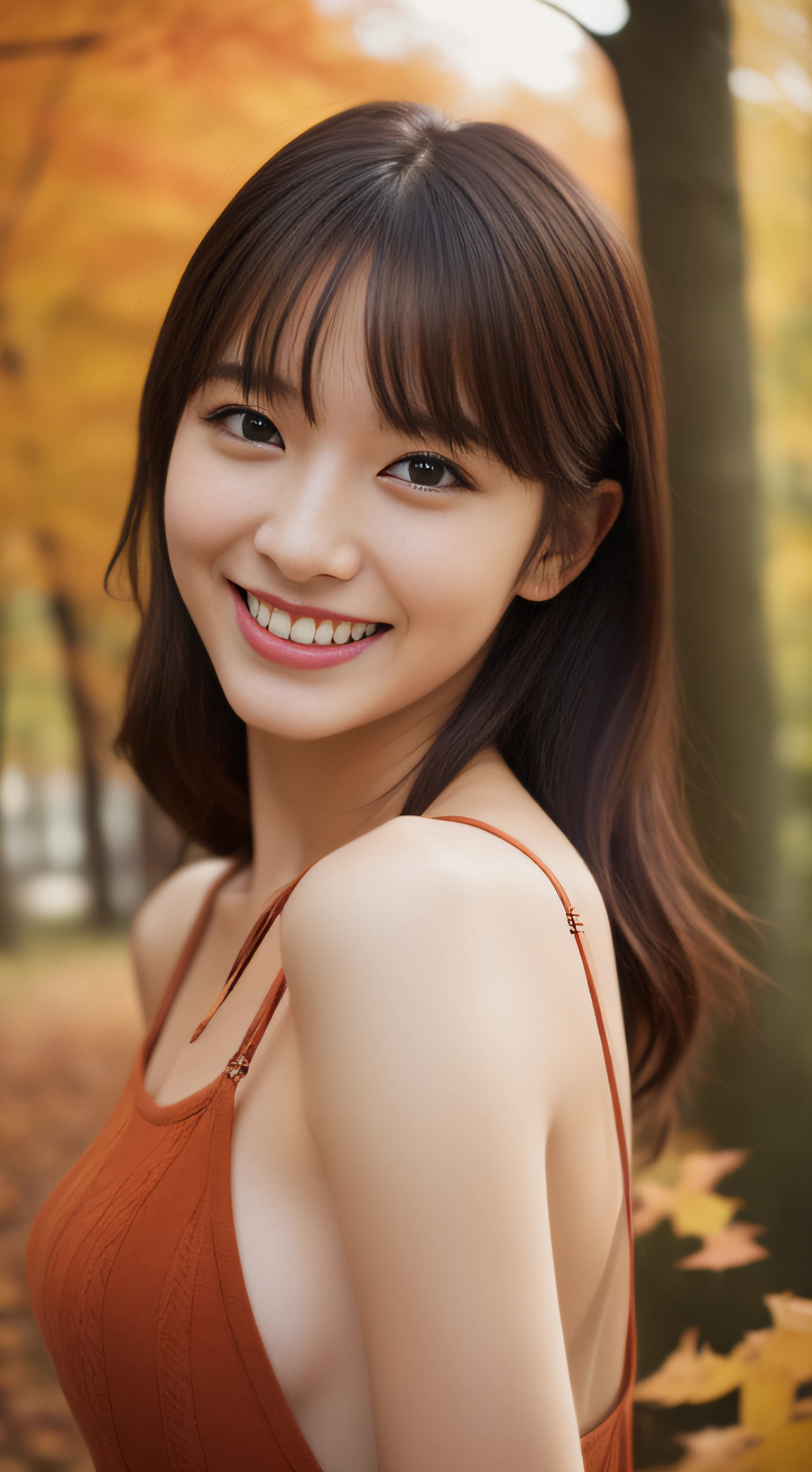 Miss Cabaret、Casual clothing、hiquality、A hyper-realistic、healthy、Smiling expression、Slender perfect figure、Japan beauties、beautidful eyes、face perfect、Beautiful skin、Autumn leaves in the background
