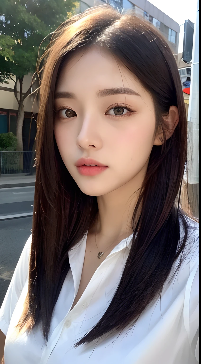 ((best qualtiy, 8K, tmasterpiece:1.3)), sharp:1.2, Perfect figure beautiful woman:1.4, Slim abs:1.2, ((Layered Hair Style, Colossal tits:1.3,cleavage:1.2)), (Long shirt with light white buttons:1.1),(Sateen,the street:1.2),Get wet:1.5,Highly detailed facial and skin texture,A detailed eye,二重まぶた,A sideways glance at the camera