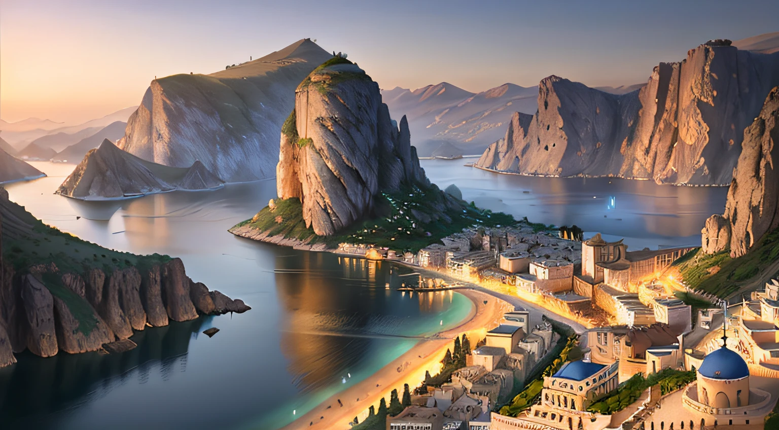 mountains surrounding a city with a large body of water, realistic photo of a town, oman, mediterranean city, ancient mediterranean city, a detailed matte painting, photorealistic matte painting, ancient city landscape, by Artur Tarnowski, highly detailed matte painting, greece, by Johannes Voss, detailed matte painting, naboo, 3d rendered matte painting, ancient greek city