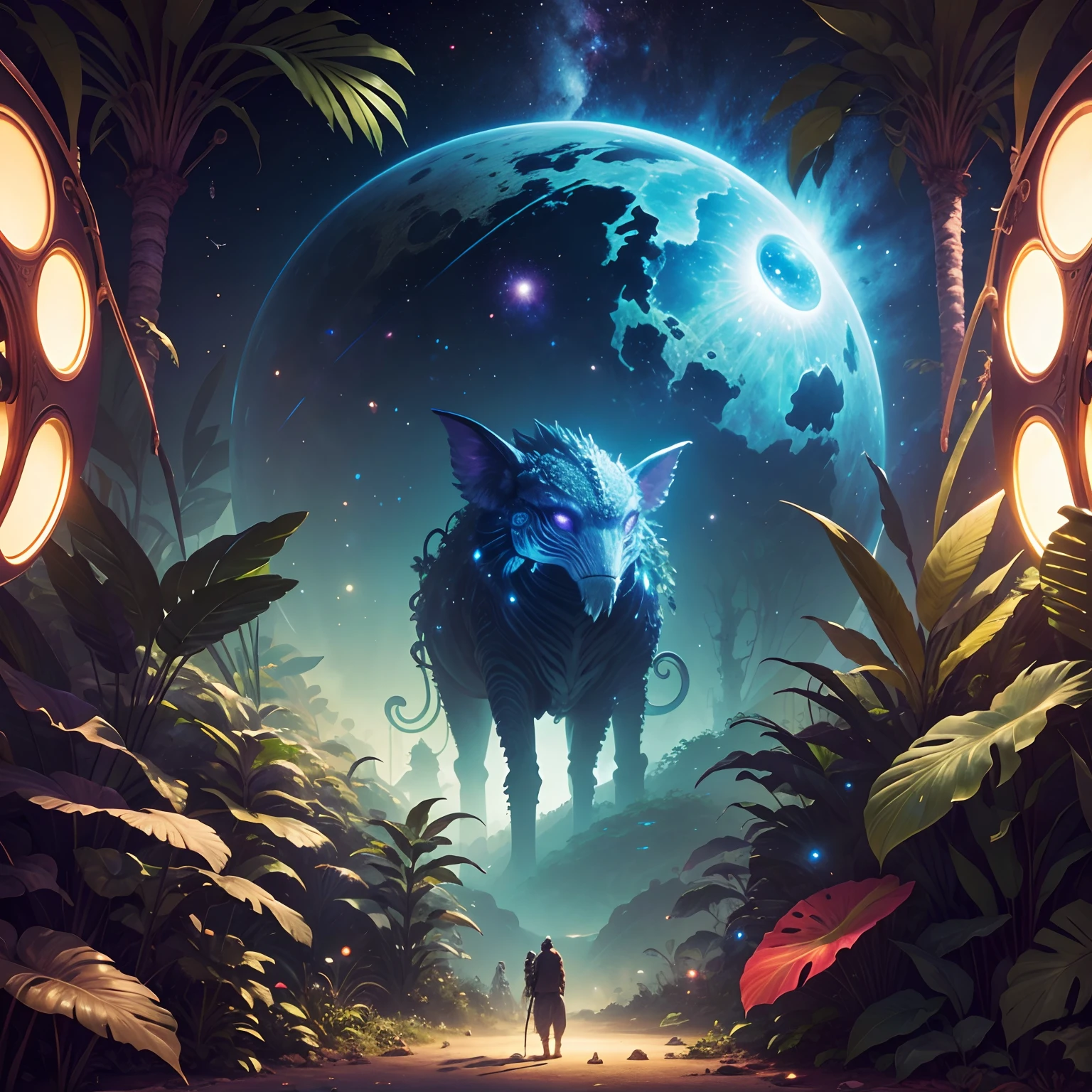 finest image, detailed and delicate depiction, space jungle fantasy, Jungle creatures I've never seen before are listening to me, iridescent magic circle, background galaxy, planet, professional lighting