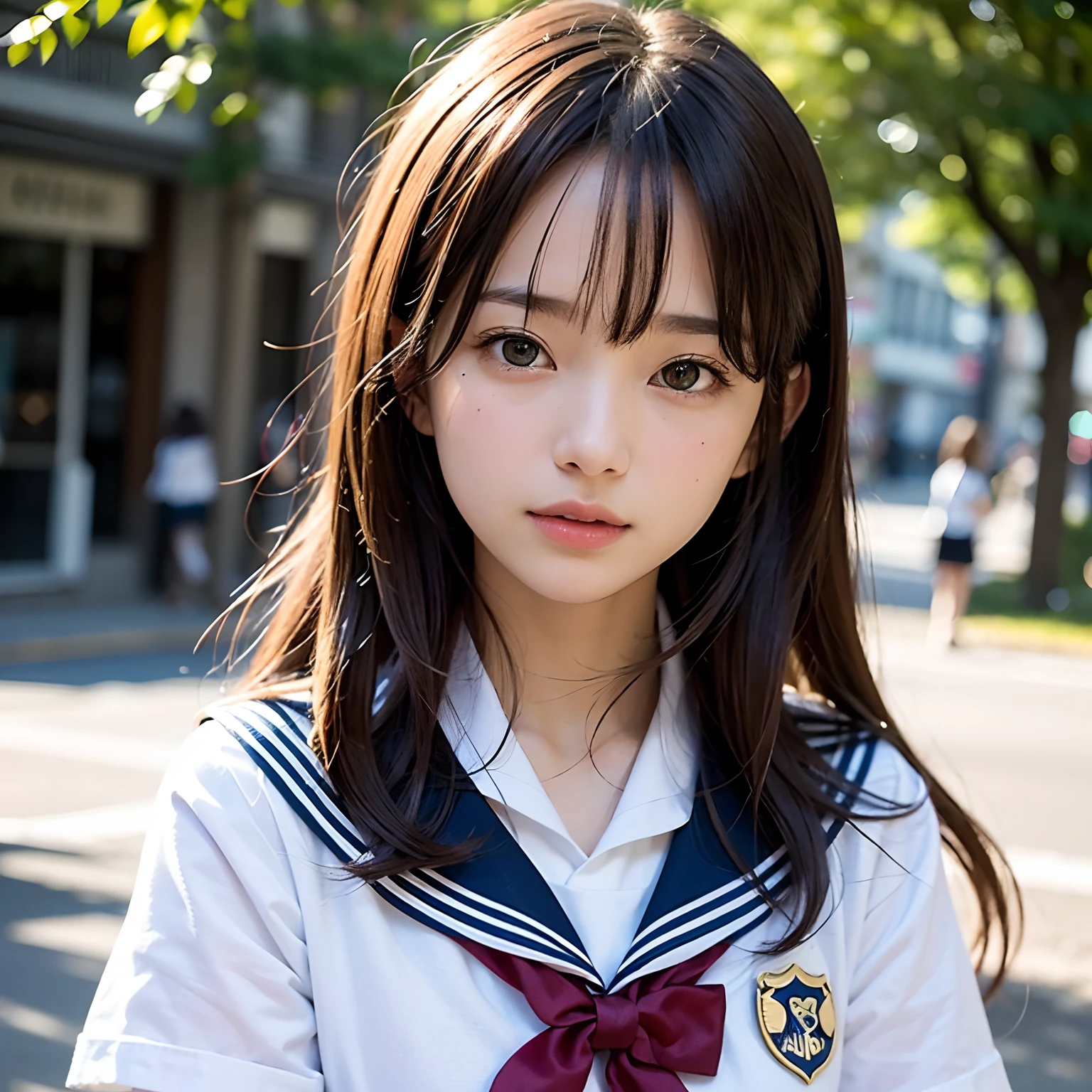 (masutepiece, Best Quality:1.2), 8K, Official art, Raw photo, unbelievable Ridiculous, (Upper body, Sailor Uniform, serafuku:1.4), Beautiful Girl, Pretty Face, arching back down, Navy pleated skirt, reaching out her hands、Cute navel、Gold hair ornament on hair、close up, School uniform, Short sleeve, gardenia, violaceaess, Teen, Street, Looking at Viewer, Film grain, chromatic abberation, Sharp Focus, face lights, Dynamic lighting, Cinematic lighting, Eyes and faces with detailed, Bokeh background, (1 dark red bow tie:1.2)