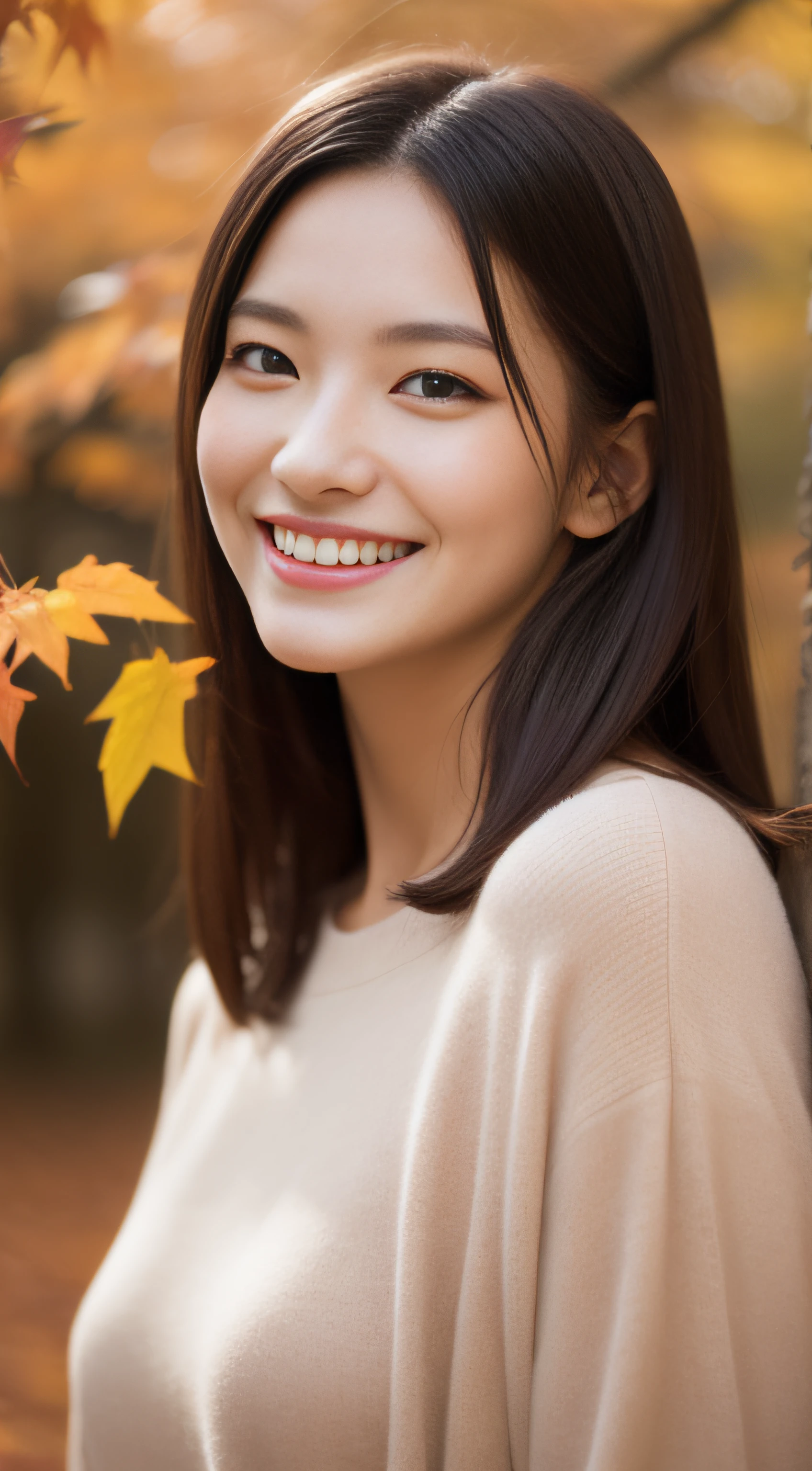 Miss Cabaret、Casual clothing、hiquality、A hyper-realistic、healthy、Smiling expression、Slender perfect figure、Japan beauties、beautidful eyes、face perfect、Beautiful skin、Autumn leaves in the background