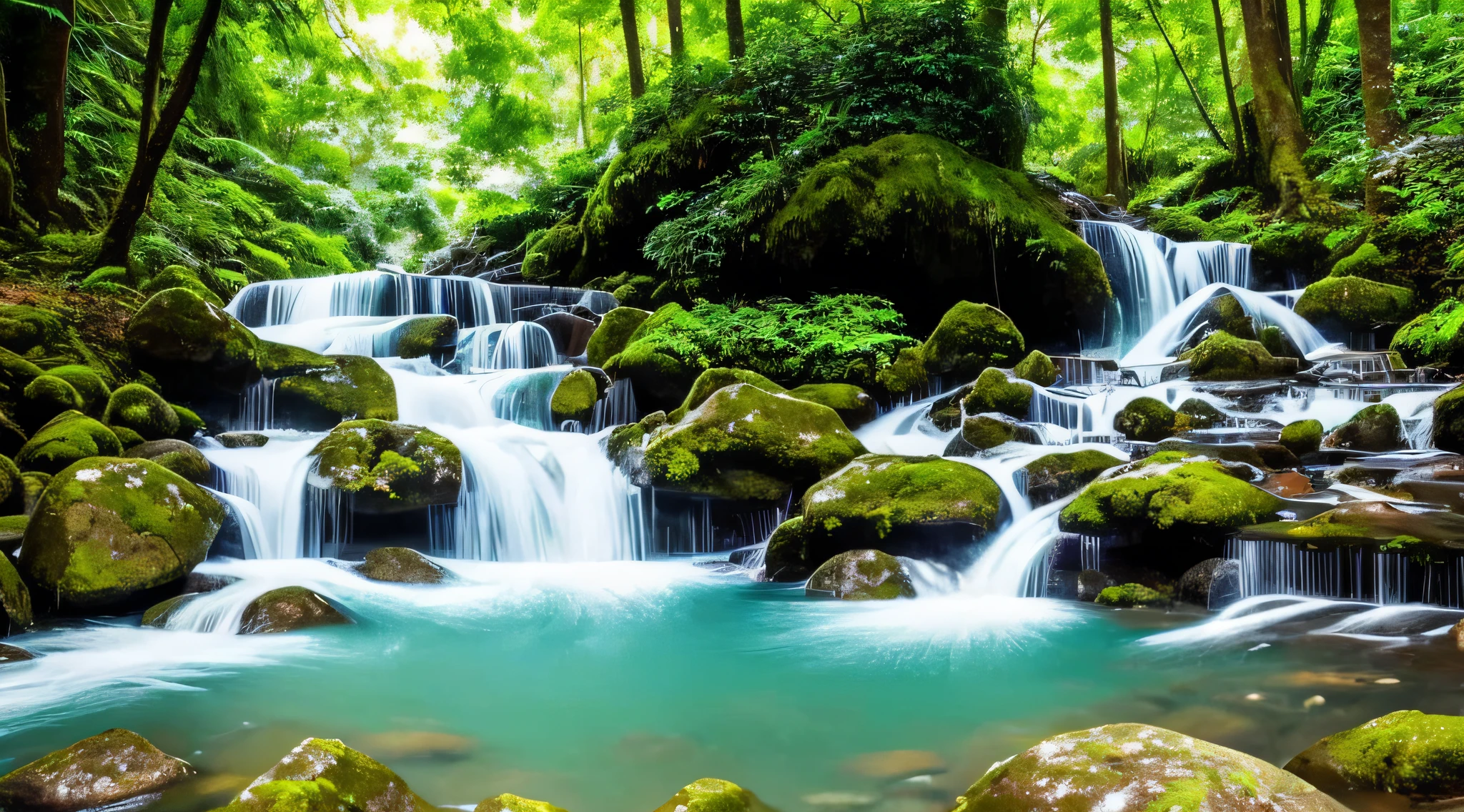 cascading waterfall,vibrant vegetation,majestic mountains in the distance,clean and clear water,frothy white water,lush greenery,diverse flora and fauna,towering trees,exotic flowers,glistening leaves,ray of sunlight peaking through the canopy,serene atmosphere,refreshing mist,fresh air,melody of birds chirping,rustling of leaves,tranquil setting,natural beauty,harmony between elements,soothing sound of flowing water,splashing droplets,peaceful escape,majestic scenery,serene oasis,unspoiled nature,hidden gem in the wilderness,pristine environment,wild and untouched landscape,emerald greenery,blissful retreat,vivid colors,abundant life,enchanted forest,great expanse of nature,peaceful respite,chance encounter with wildlife.