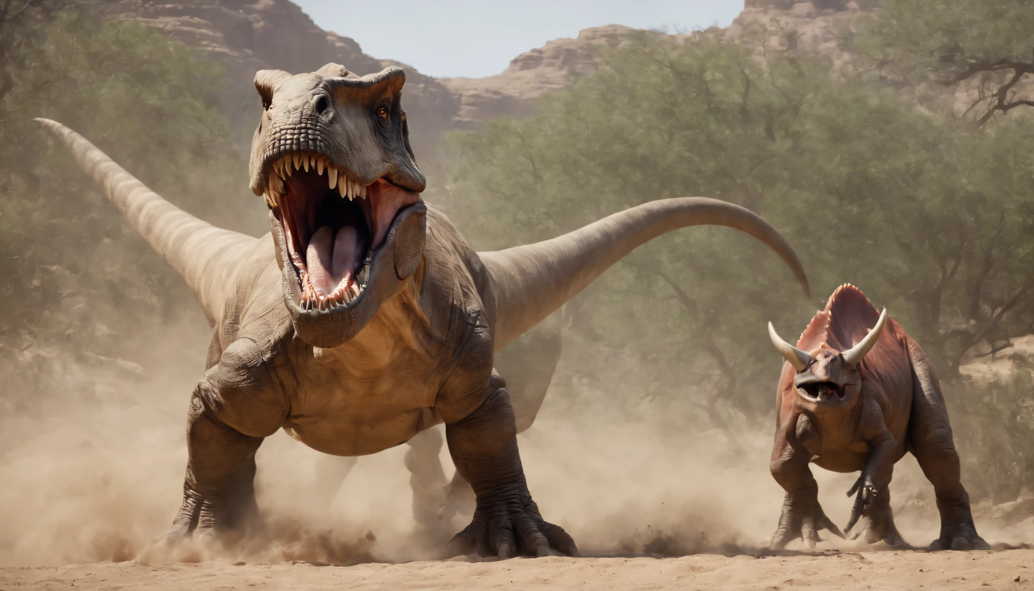 una feroz batalla entre un T-Rex y un triceratops, (La mejor calidad, 4k, Altas Resoluciones, Ultra detallado), Lucha intensa, rugidos y trompetas, Dusty prehistoric landscape, Sombras realistas, vivid colors, (Detallado, intrincado, elaborar) Escamas y texturas de dinosaurios, Dynamic Moves, (feroz, determinado) Expresiones en las caras de dinosaurios, (poderoso, muscular) Cuerpos, dientes afilados y cuernos, (big size ass, imponente) Size, (dramatic, dynamic) luci, (poderoso, energetic) Plantea, (tension, anticipation) En el aire,1 versus 1,sangre,cazando,defendiendose,lucha de vida o muerte
