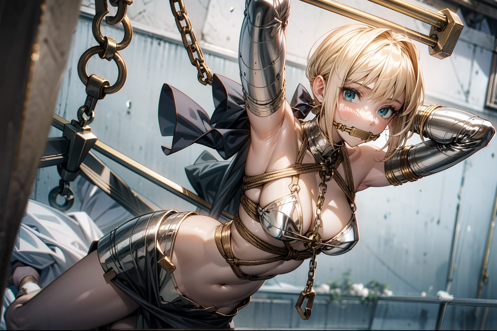 1girll，Silver cuirass，Open navel，cropped shoulders，Bare thighs，short detailed hair，blond hairbl，Arms behind your head， Looking_at_peeping at the viewer， upper legs， the bow， shackle， BDSM， shackle， ropes， shackle， Apple gag， shibari， Bound_Arms， Ball_gag， shibari_polypubic hair_clothes，scantily clad