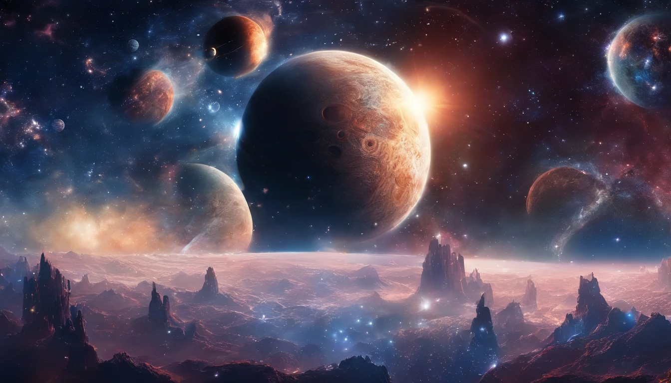 obra maestra, luna y tierra, sistema solar, espacio profundo y las estrellas centelleantes