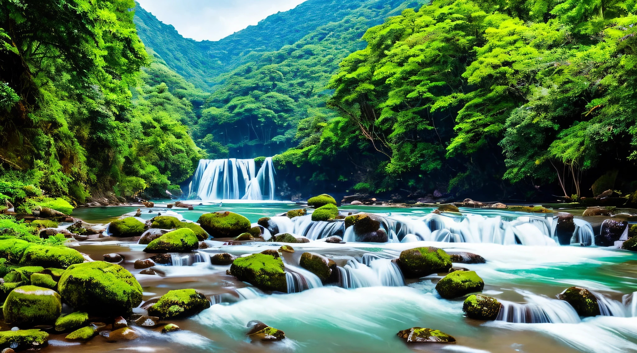 cascading waterfall,vibrant vegetation,majestic mountains in the distance,clean and clear water,frothy white water,lush greenery,diverse flora and fauna,towering trees,exotic flowers,glistening leaves,ray of sunlight peaking through the canopy,serene atmosphere,refreshing mist,fresh air,melody of birds chirping,rustling of leaves,tranquil setting,natural beauty,harmony between elements,soothing sound of flowing water,splashing droplets,peaceful escape,majestic scenery,serene oasis,unspoiled nature,hidden gem in the wilderness,pristine environment,wild and untouched landscape,emerald greenery,blissful retreat,vivid colors,abundant life,enchanted forest,great expanse of nature,peaceful respite,chance encounter with wildlife.