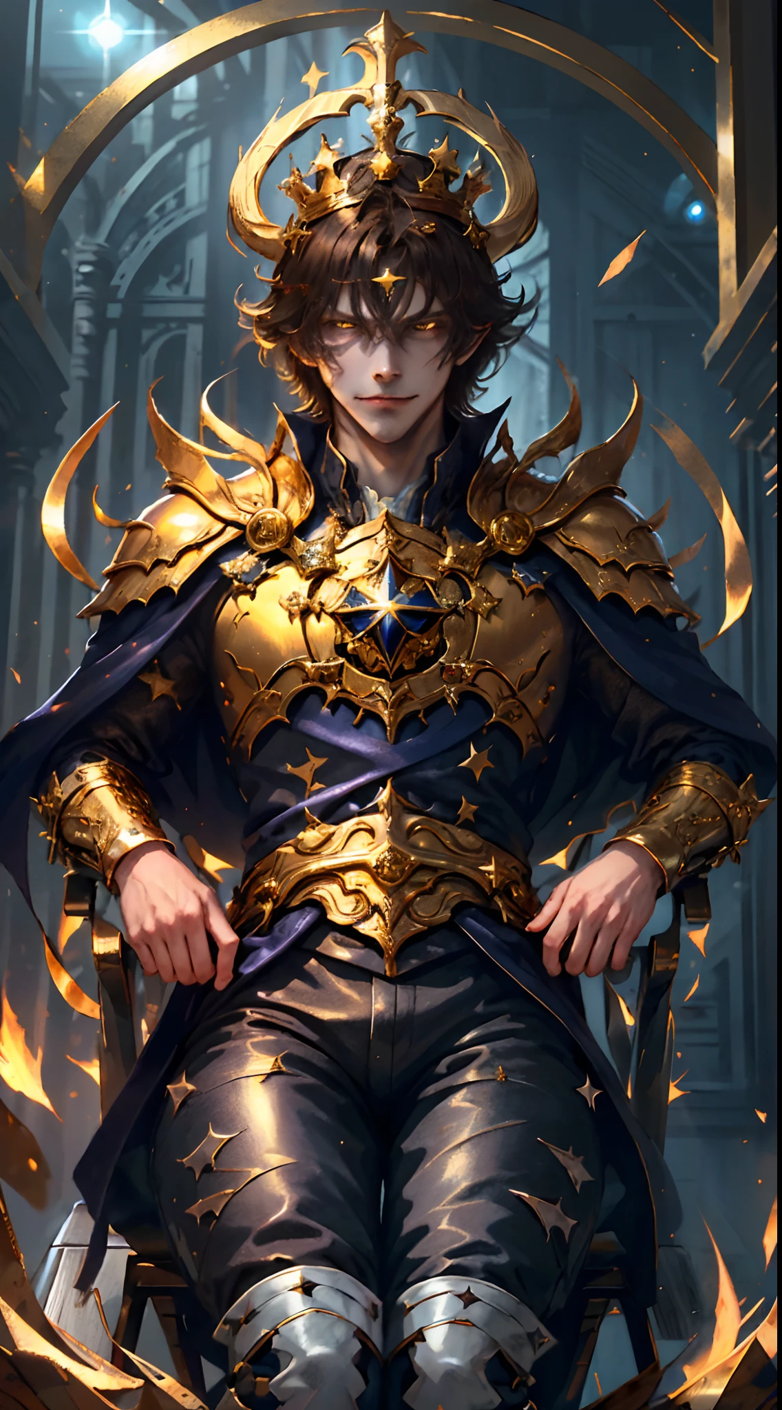 1 boy, masterpiece, (golden crown:1.3), white shirt, white shirt with a star, brown hair,  star on the chest, star on the chest, star symbol, black pants, black shoes, light blue cape, sitting, (arrogant look:1.1), (evil smile:1.3), sitting on a chair, evil kazuma, evil, (big golden crown:1.2), court, judgment, (blue cape:1.1), (courtroom, looking down:1.2), (view from below:1.1), evil smile, evil eyes, demon