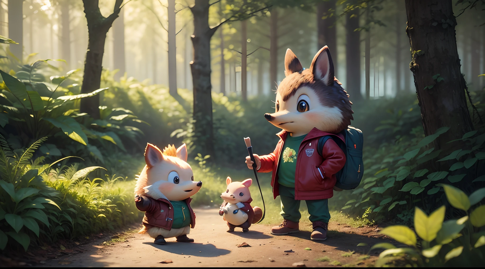 There's a cartoon hedgehog with a red jacket stuck amid the greenery of a forest, hedgehog_character, painting digital adorable, arte digital detalhada bonito, arte infantil em artstation, cute anthropomorphic hedgehog, wojtek fus, criatura da floresta bonito, um retrato de Judy Hopps, arte digital bonito, render 3D bonito, anthropomorphic hedgehog, vencedor do concurso de design de personagem.