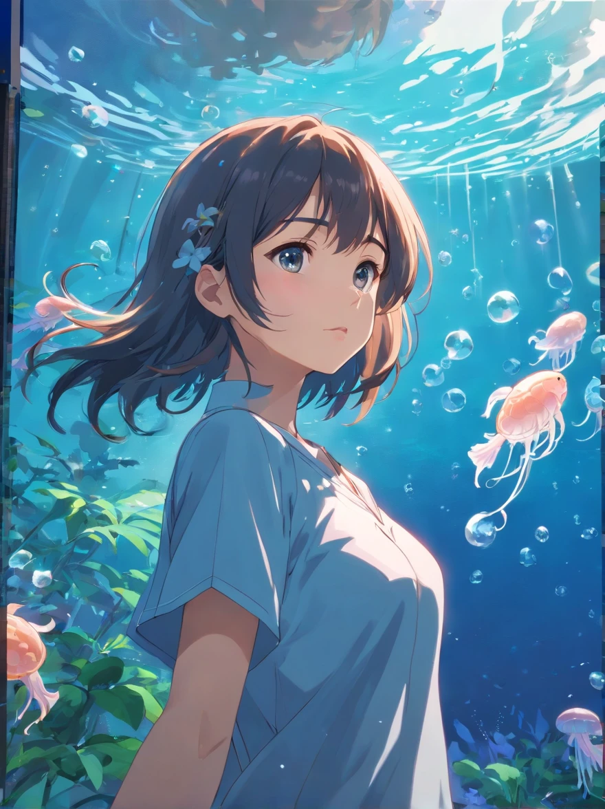 ((masterpiece,best quality)),(negative space:1.2),(1girl, solo:1.4),beautiful detailed eyes,floating hair, underwater, bubble, fish, (jellyfish), fluorescence,sea turtle, seaweed,