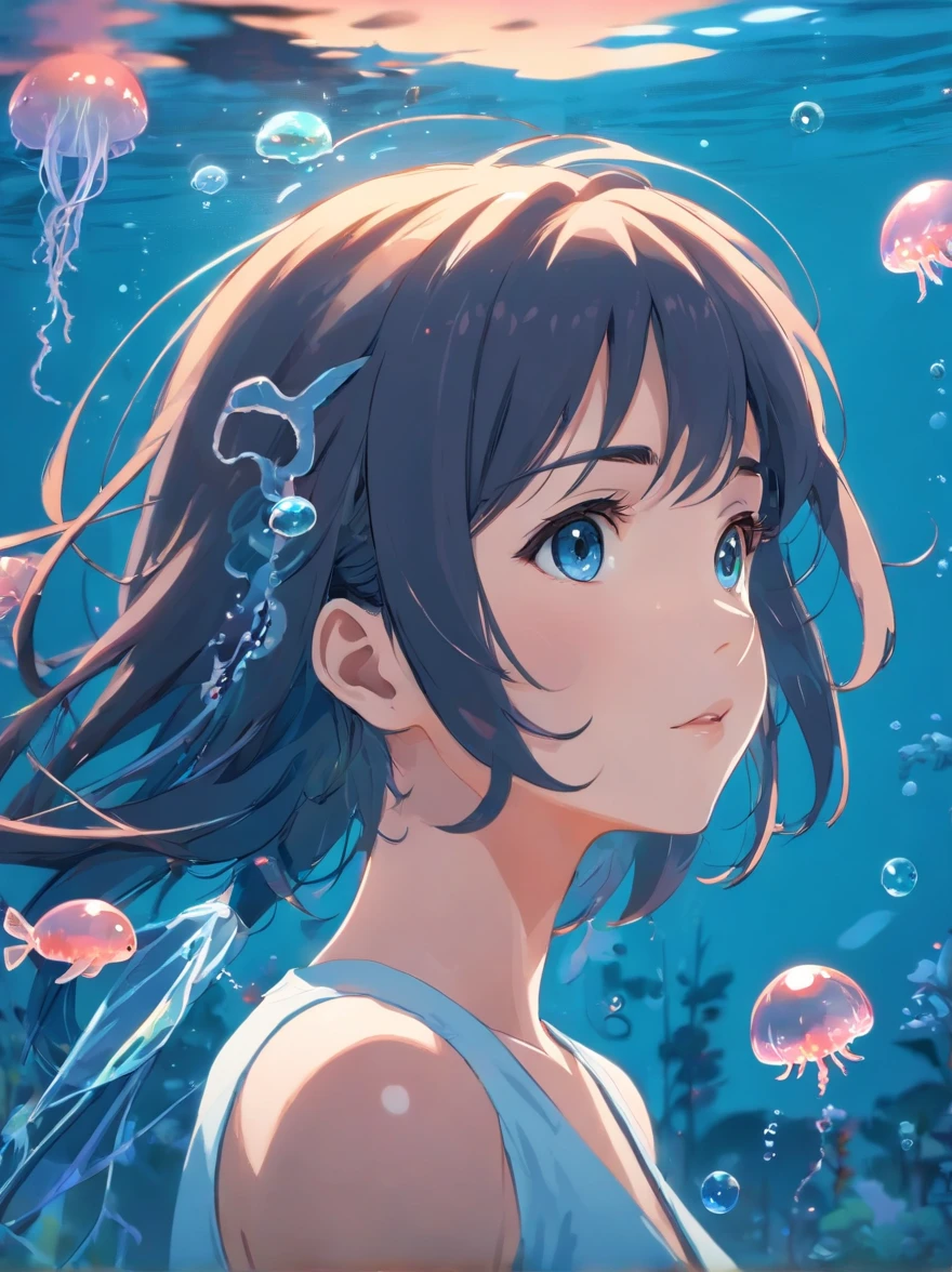 (best quality, masterpiece), mermaid, long hair, topless, huge breasts, closed eyes, full body, underwater, abstract, bubbles, 3/4 view, smiling, arms up, adjusting hair