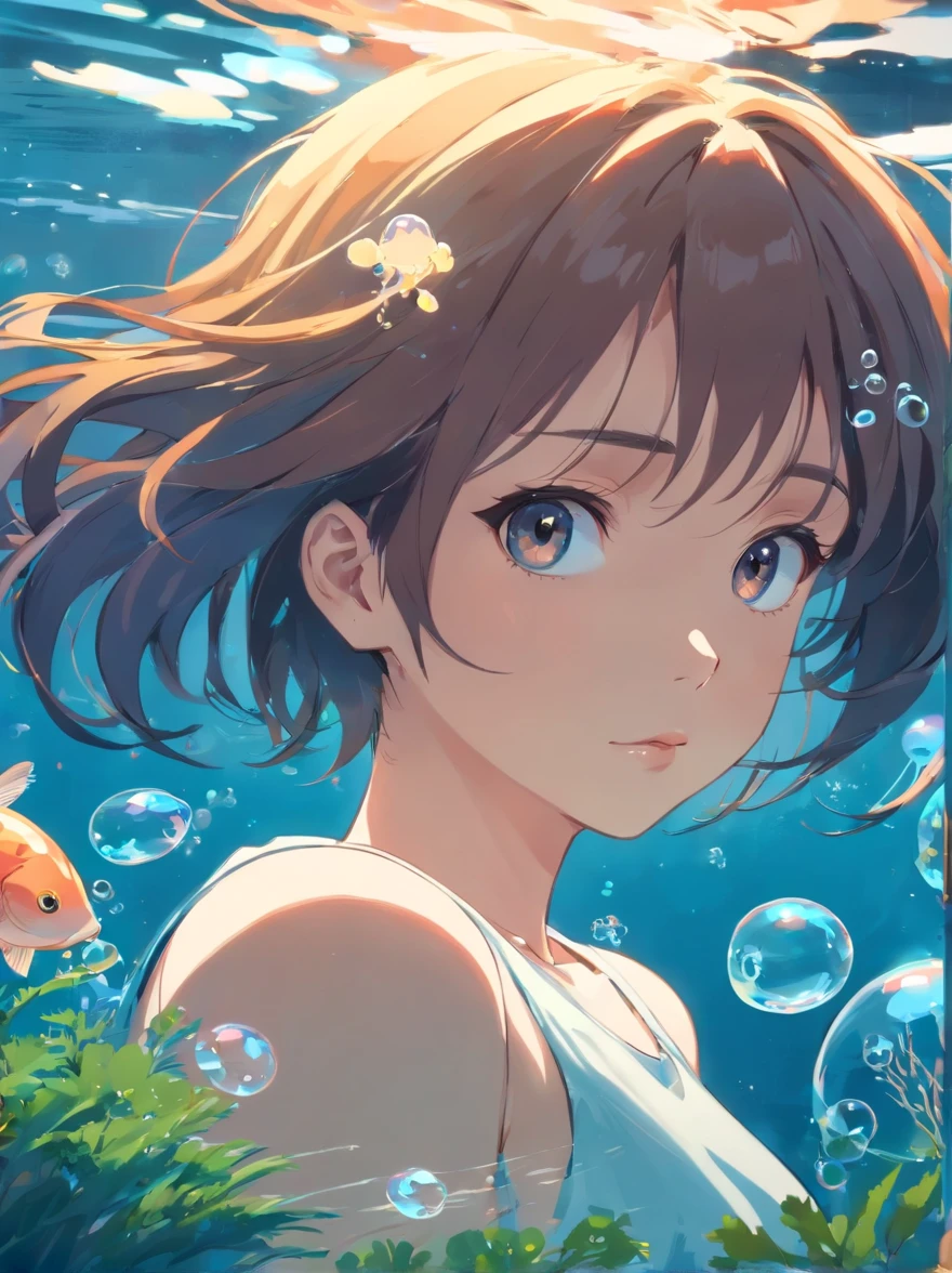 ((masterpiece,best quality)),(negative space:1.2),(1girl, solo:1.4),beautiful detailed eyes,floating hair, underwater, bubble, fish, (jellyfish), fluorescence,sea turtle, seaweed,