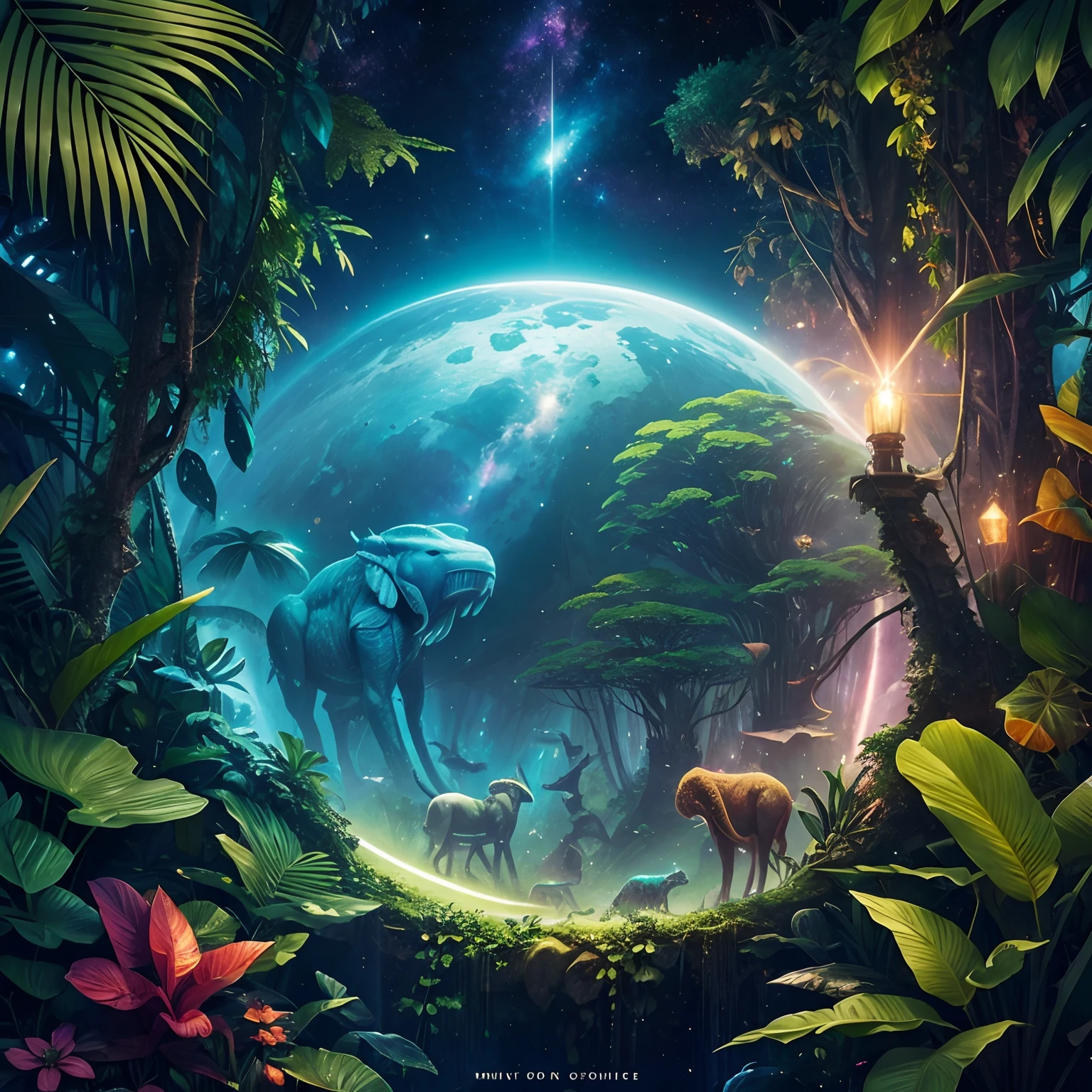 finest image, detailed and delicate depiction, space jungle fantasy, Jungle creatures I've never seen before are listening to me, iridescent magic circle, background galaxy, planet, professional lighting