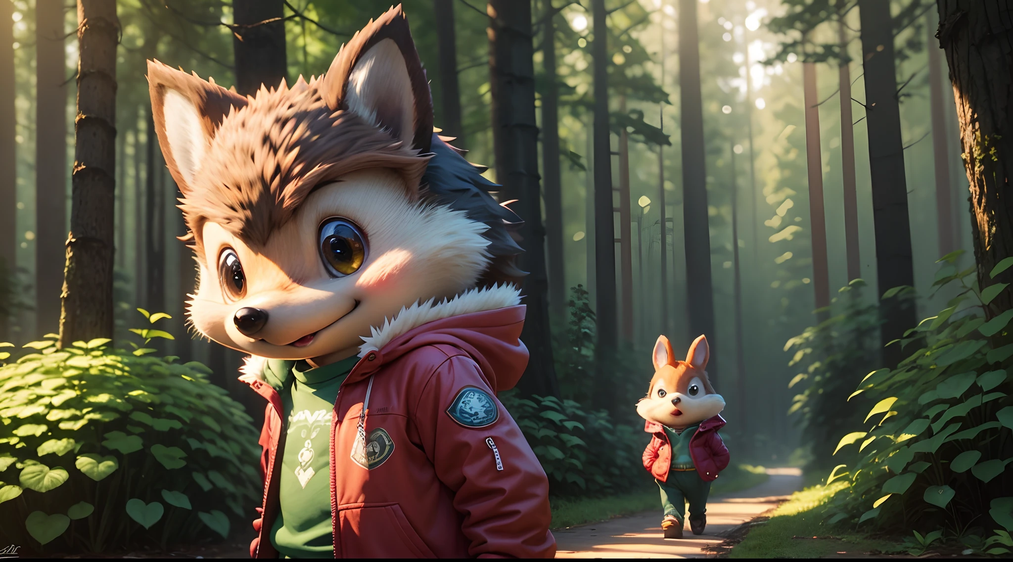 There's a cartoon hedgehog with a red jacket stuck amid the greenery of a forest, hedgehog_character, painting digital adorable, arte digital detalhada bonito, arte infantil em artstation, cute anthropomorphic hedgehog, wojtek fus, criatura da floresta bonito, um retrato de Judy Hopps, arte digital bonito, render 3D bonito, anthropomorphic hedgehog, vencedor do concurso de design de personagem.