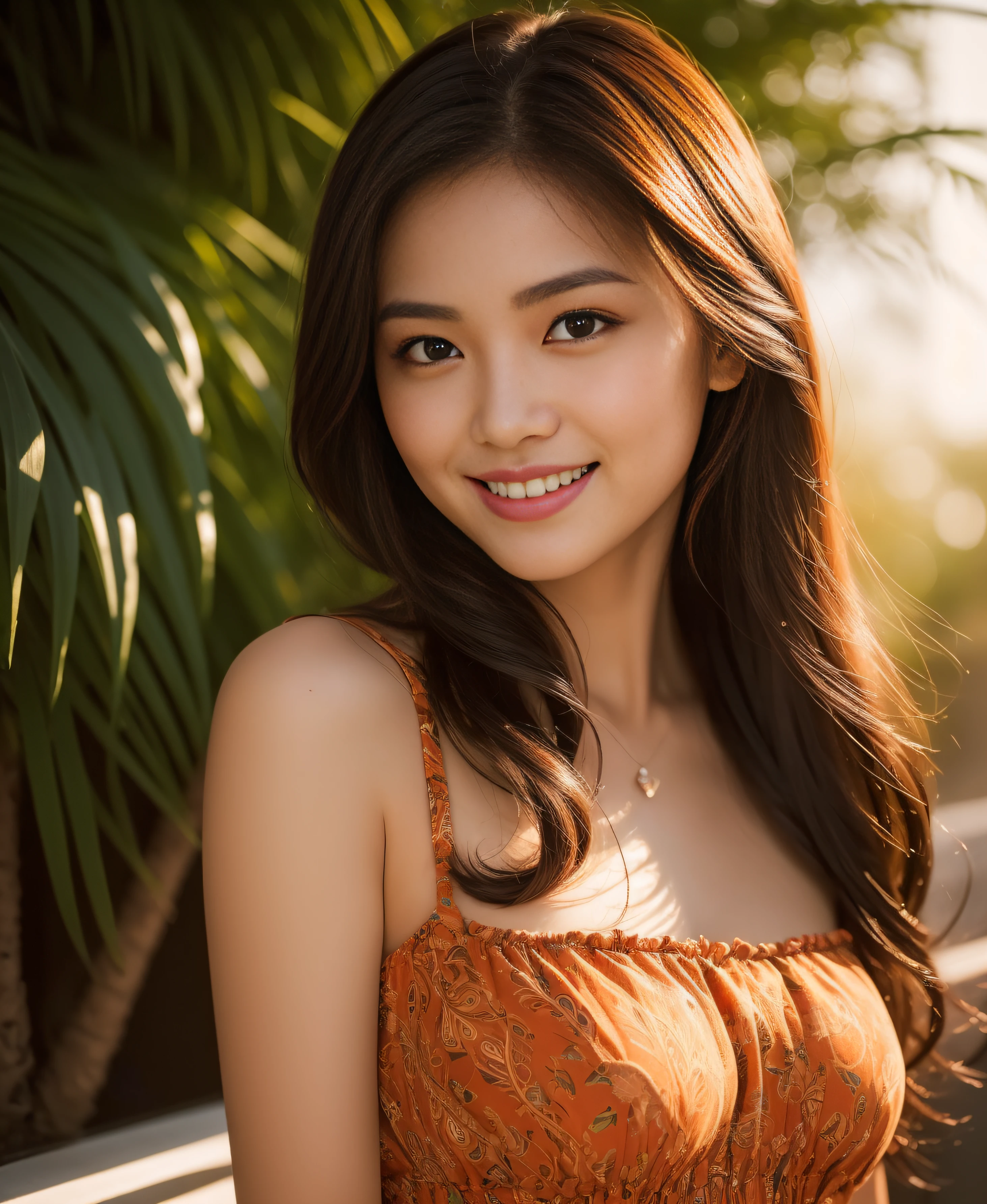 ((Top quality, 8K, Masterpiece: 1.3)), Beauty, Pure, Melon face, Kind and cute, Sweet smile, Pure desire, Slender body, (Front), (Tilted head), ((Looking at camera)) , Wearing a patterned bright dress, black silky long hair, long shoulders, round black big eyes, clear big eyes, moist red lips, sweet, sitting on the terrace, the background of the ancient city, (( (whole body))), sunset,