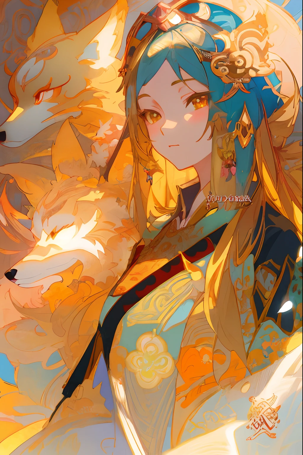 anime girl with long hair and fox headdress, alphonse mucha and rossdraws, a beautiful fox lady, digital anime illustration, detailed digital anime art, stunning art style, a beautiful kitsune woman, anime fantasy illustration, anime illustration, anime style artwork, digital art on pixiv, anime style illustration, kitsune, fox nobushi, pixiv style