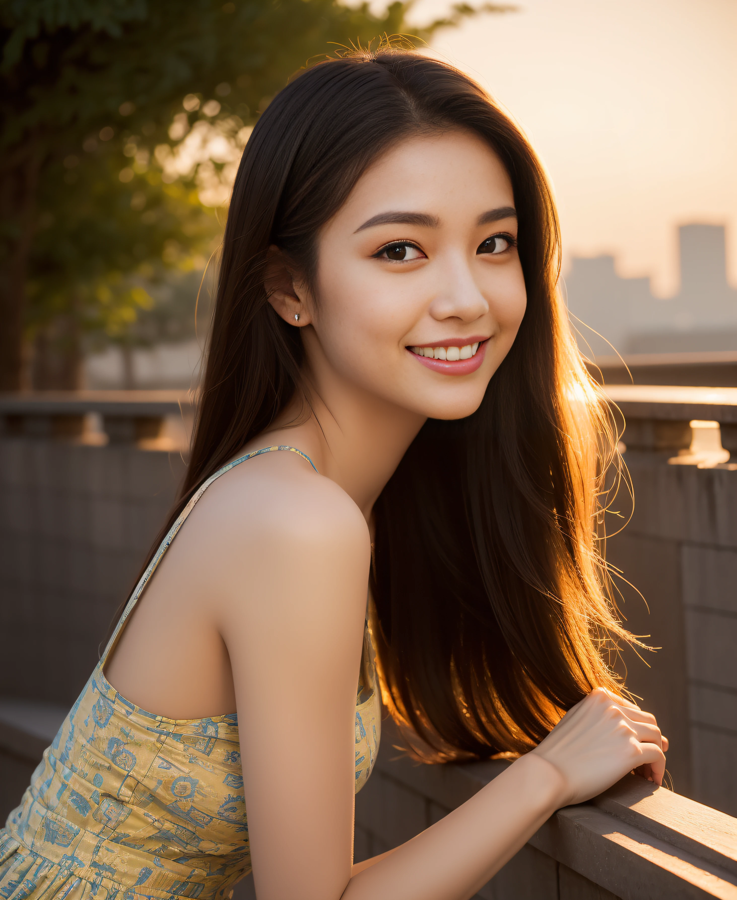 ((Top quality, 8K, Masterpiece: 1.3)), Beauty, Pure, Melon face, Kind and cute, Sweet smile, Pure desire, Slender body, (Front), (Tilted head), ((Looking at camera)) , Wearing a patterned bright dress, black silky long hair, long shoulders, round black big eyes, clear big eyes, moist red lips, sweet, sitting on the terrace, the background of the ancient city, (( (whole body))), sunset,