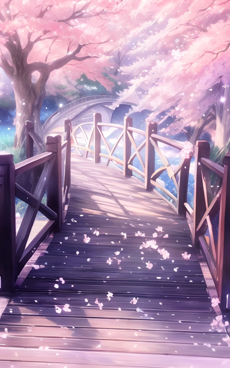 There is a painting of a bridge,There is a bench on it, Anime background art, beautiful anime scenery, anime beautiful peace scene, beautiful anime scenes, anime backgrounds, Anime landscapes, landscape artwork, anime landscape wallpapers, Anime landscape concept art, Cherry blossom forest, Anime art wallpaper 4k, Anime art wallpaper 4 K, Beautiful anime artwork, colorful anime movie background