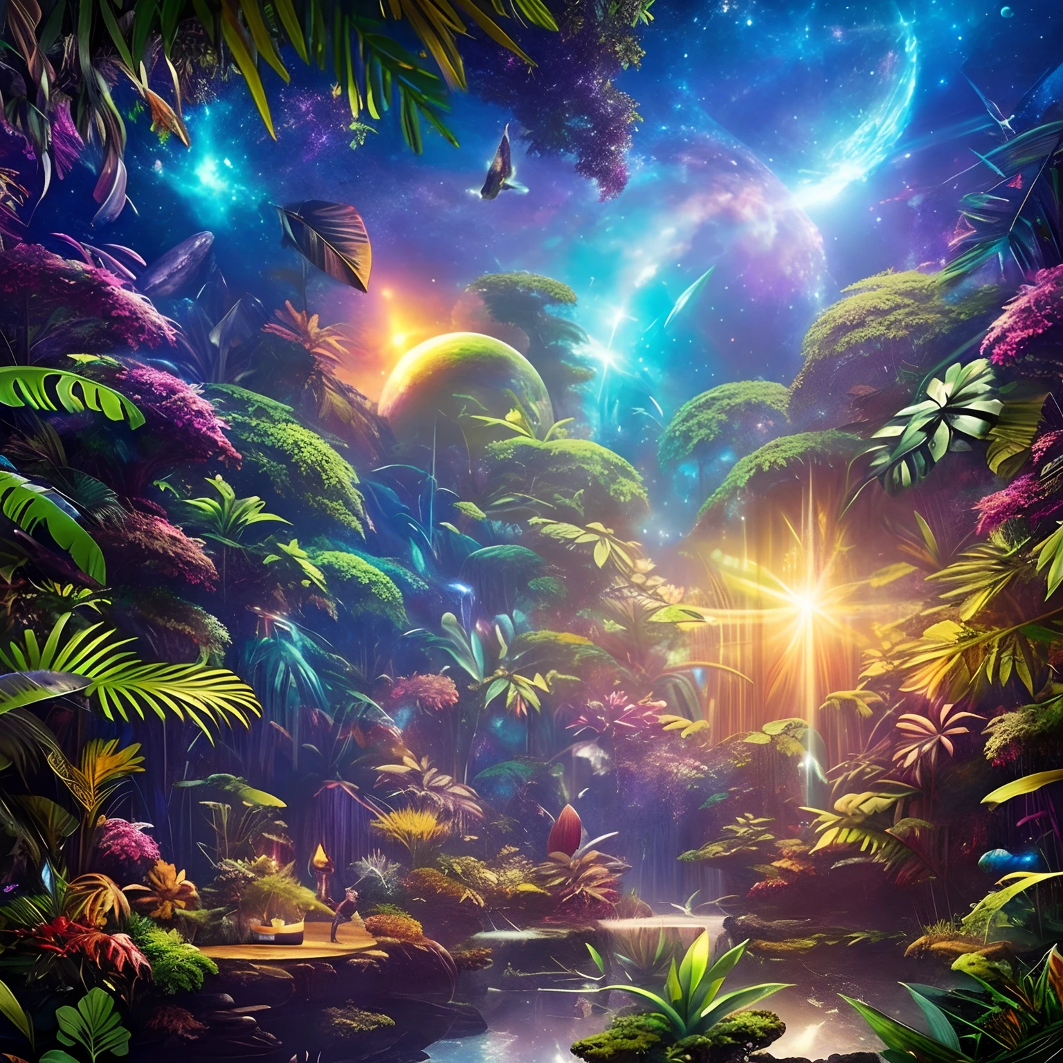finest image, detailed and delicate depiction, space jungle fantasy, Jungle creatures I've never seen before are listening to me, iridescent magic circle, background galaxy, planet, professional lighting