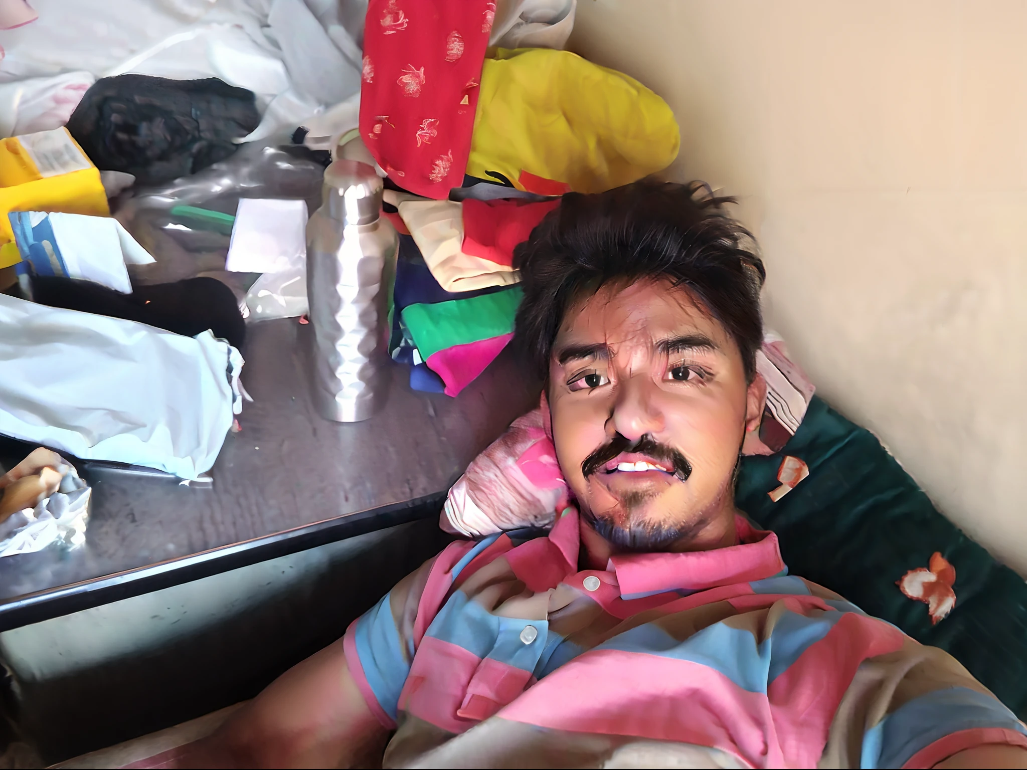 there is a man laying on a bed with a cell phone, in small room, very very low quality picture, selfie photo, with accurate face, 8k selfie photograph, selfie, jayison devadas, selfie!!!!! of a man, with a happy expression, jayison devadas style, candid picture, without helmet, taken with sony a7r camera