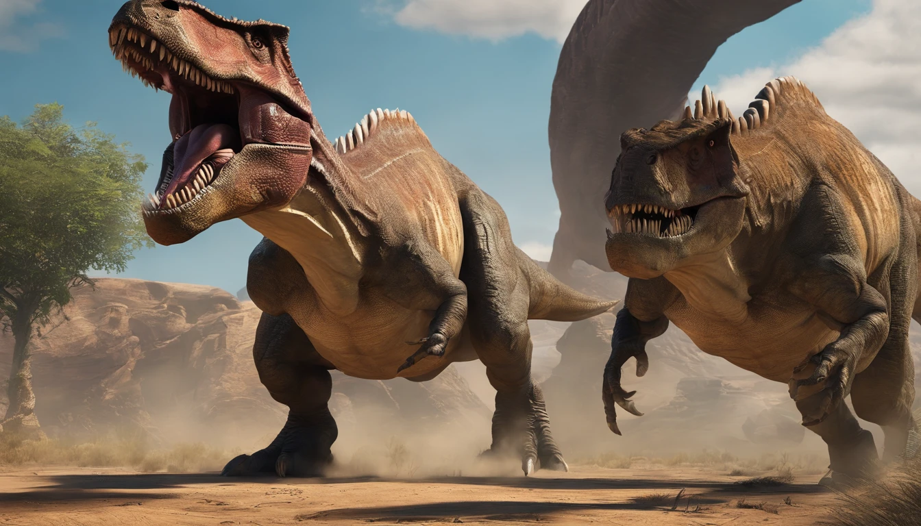 una feroz batalla entre un T-Rex y un triceratops, (La mejor calidad, 4k, Altas Resoluciones, Ultra detallado), Lucha intensa, rugidos y trompetas, Dusty prehistoric landscape, Sombras realistas, vivid colors, (Detallado, intrincado, elaborar) Escamas y texturas de dinosaurios, Dynamic Moves, (feroz, determinado) Expresiones en las caras de dinosaurios, (poderoso, muscular) Cuerpos, dientes afilados y cuernos, (big size ass, imponente) Size, (dramatic, dynamic) luci, (poderoso, energetic) Plantea, (tension, anticipation) En el aire,1 versus 1,sangre,cazando,defendiendose,lucha de vida o muerte