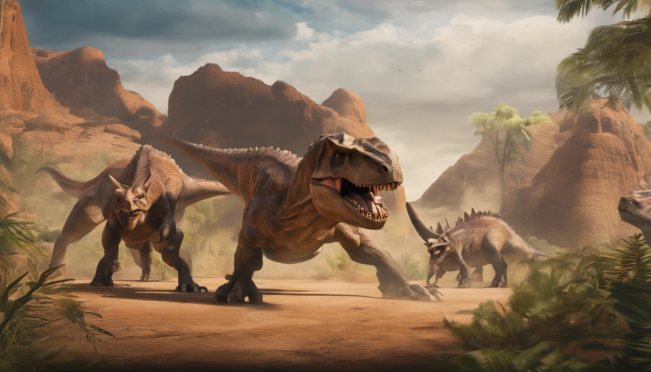 una feroz batalla entre un T-Rex y un triceratops, (La mejor calidad, 4k, Altas Resoluciones, Ultra detallado), Lucha intensa, rugidos y trompetas, Dusty prehistoric landscape, Sombras realistas, vivid colors, (Detallado, intrincado, elaborar) Escamas y texturas de dinosaurios, Dynamic Moves, (feroz, determinado) Expresiones en las caras de dinosaurios, (poderoso, muscular) Cuerpos, dientes afilados y cuernos, (big size ass, imponente) Size, (dramatic, dynamic) luci, (poderoso, energetic) Plantea, (tension, anticipation) En el aire,1 versus 1,sangre,cazando,defendiendose,lucha de vida o muerte