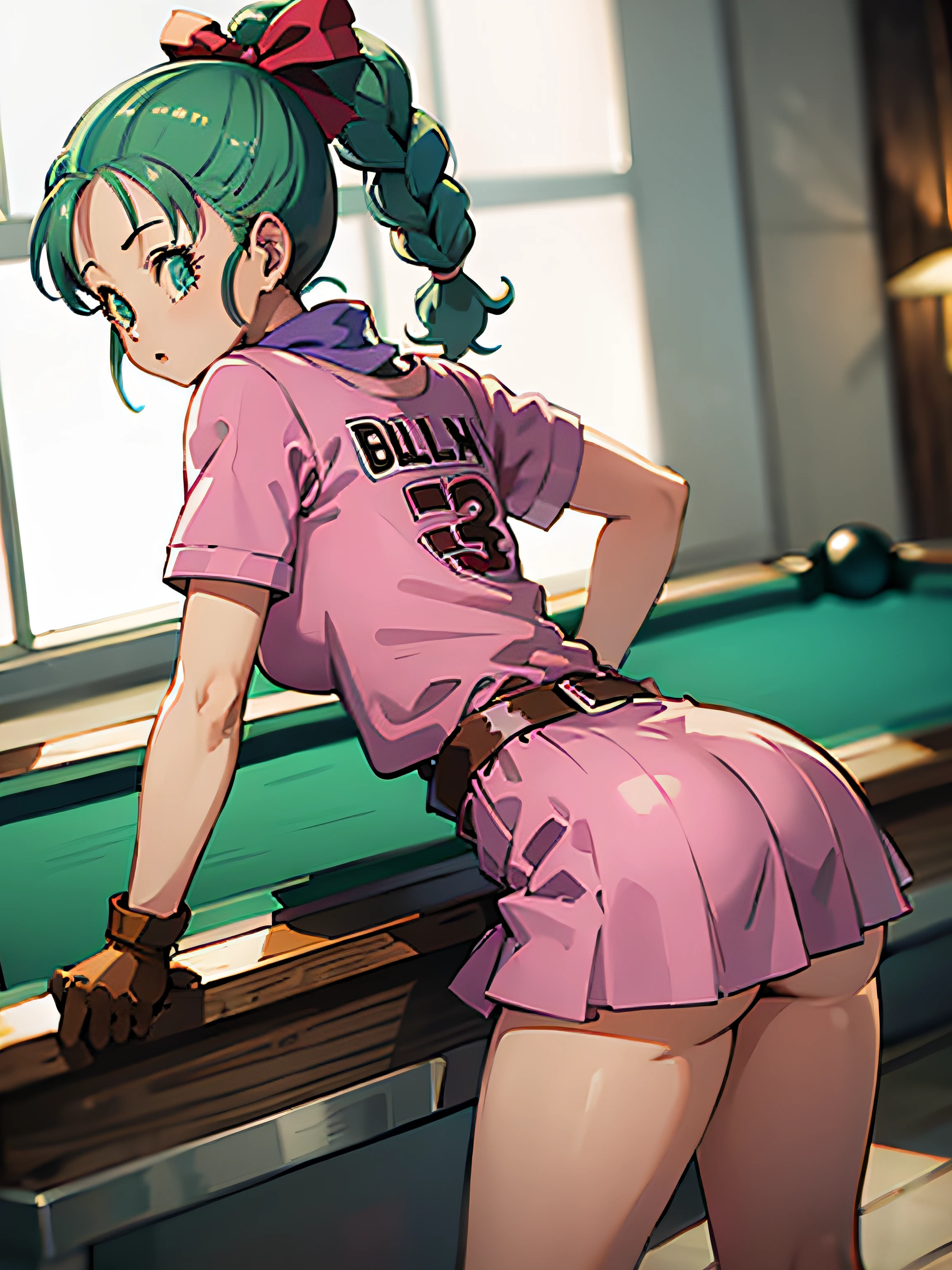 masterpiece, best quality, high resolution, dragon ball, blmpony, aqua hair, hair ribbon, braided ponytail, pink shirt, belt, scarf, pink skirt, clothes writing, brown gloves, medium breasts, in back pose, playing pool table, leaning on the pool table with her butt up high showing her ass, 
crouched leaning on a pool table with her ass exposed