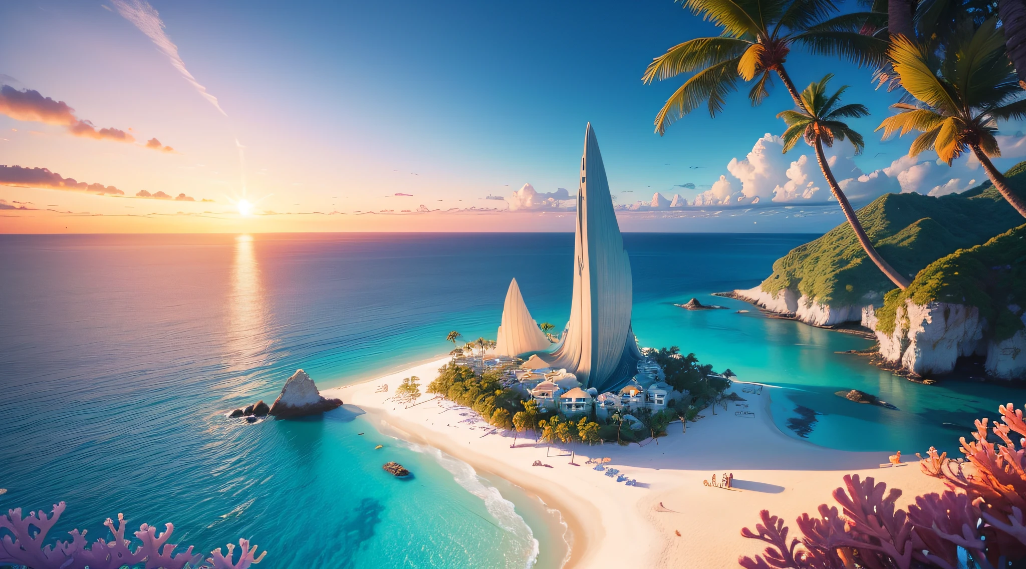 In the sea, a single island, Mermaid Island,beautiful detailed sand,crystal clear waters,breathtaking sunset,serene atmosphere,tropical plants and palm trees, vibrant coral reef, shimmering scales, long flowing hair, enchanting sea creatures, colorful seashells, magical underwater world, (best quality,4k,8k,highres,masterpiece:1.2),ultra-detailed,(realistic,photorealistic,photo-realistic:1.37),island paradise,secluded beach,blissful solitude,serene mermaid,ethereal beauty,surreal landscape,colorful marine life,dreamy pastel palette,golden sun rays,gentle waves,whispering breeze,mythical creatures,seafaring birds,secluded lagoon,deep blue ocean depths,magical sunset glow