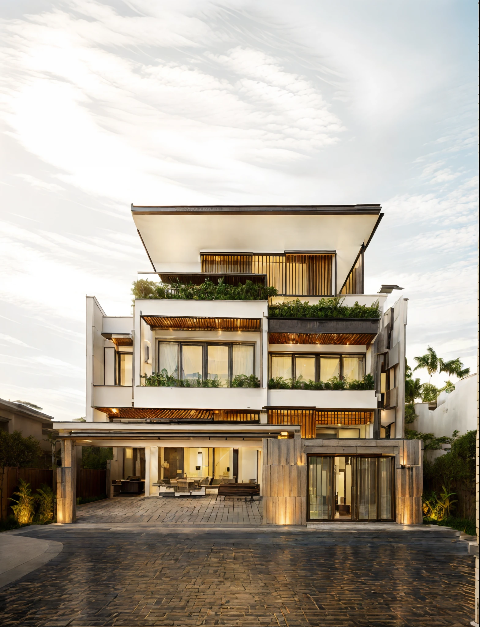 RAW photo, outdoor, (residential architecture exterior:1.3), 1 house architecture, (elegant), Singapore tropical modern house style, white wall and glass and rock and black steel and wood, (Luxury home with exquisite finishing:1.3), (wood),Beautiful tropical garden, warm yellow light in the interior, dark night sky, (high detailed:1.2), (Evening environment with warm dominant interior lighting), 8k uhd, ds, soft lighting, high quality, film grain, Fujifilm XT3