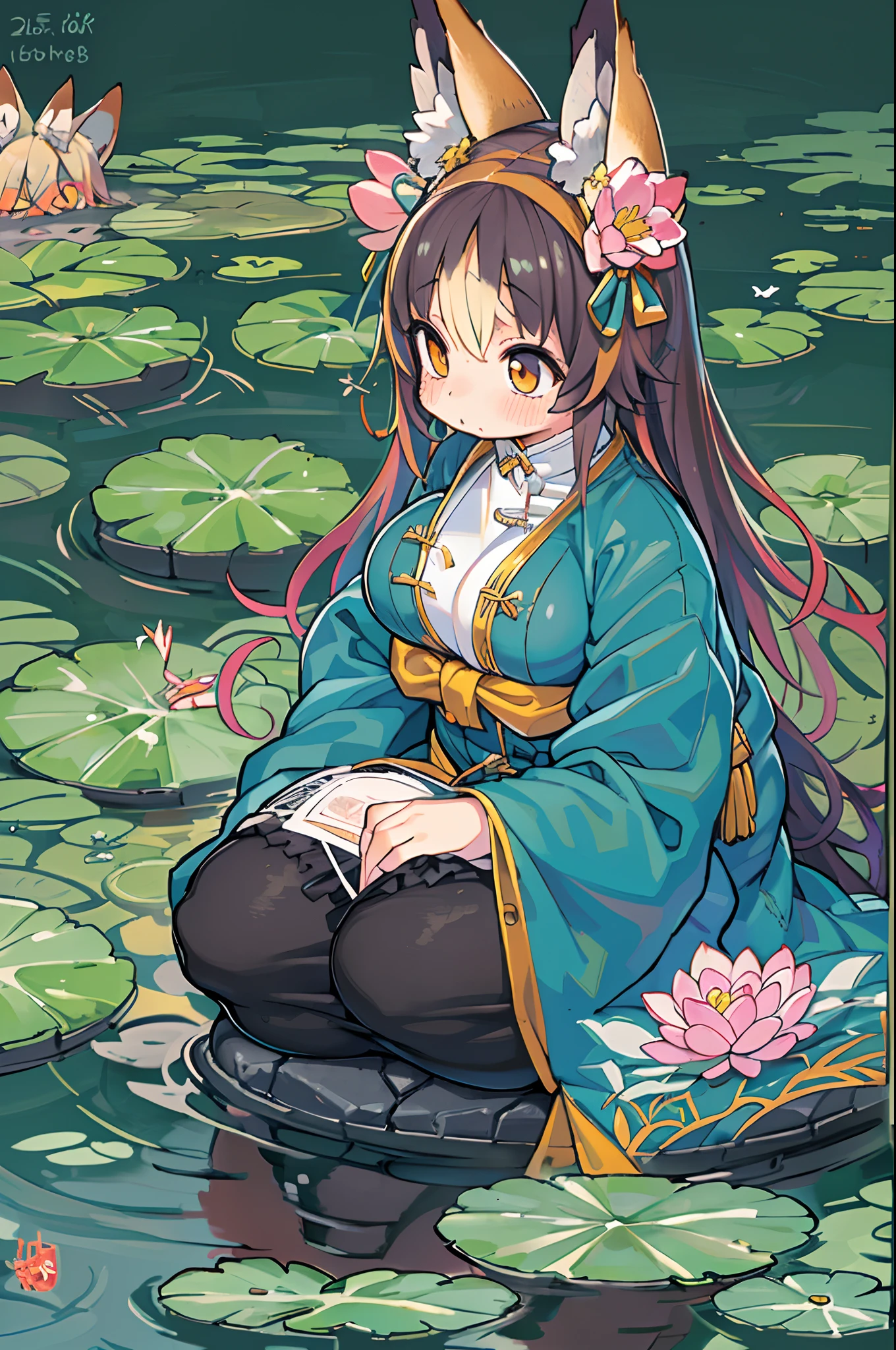 absurderes, hight resolution, ultra-detailliert, (1girl in:1.3), handdraw, Simple line, 16 year old girl in colorful han clothes, Sexy girl with fox ears, In the lotus pond, masutepiece, sitting in water, Floating clothes, Floating hair,bbw、thick thight、big butts,huge-breasted