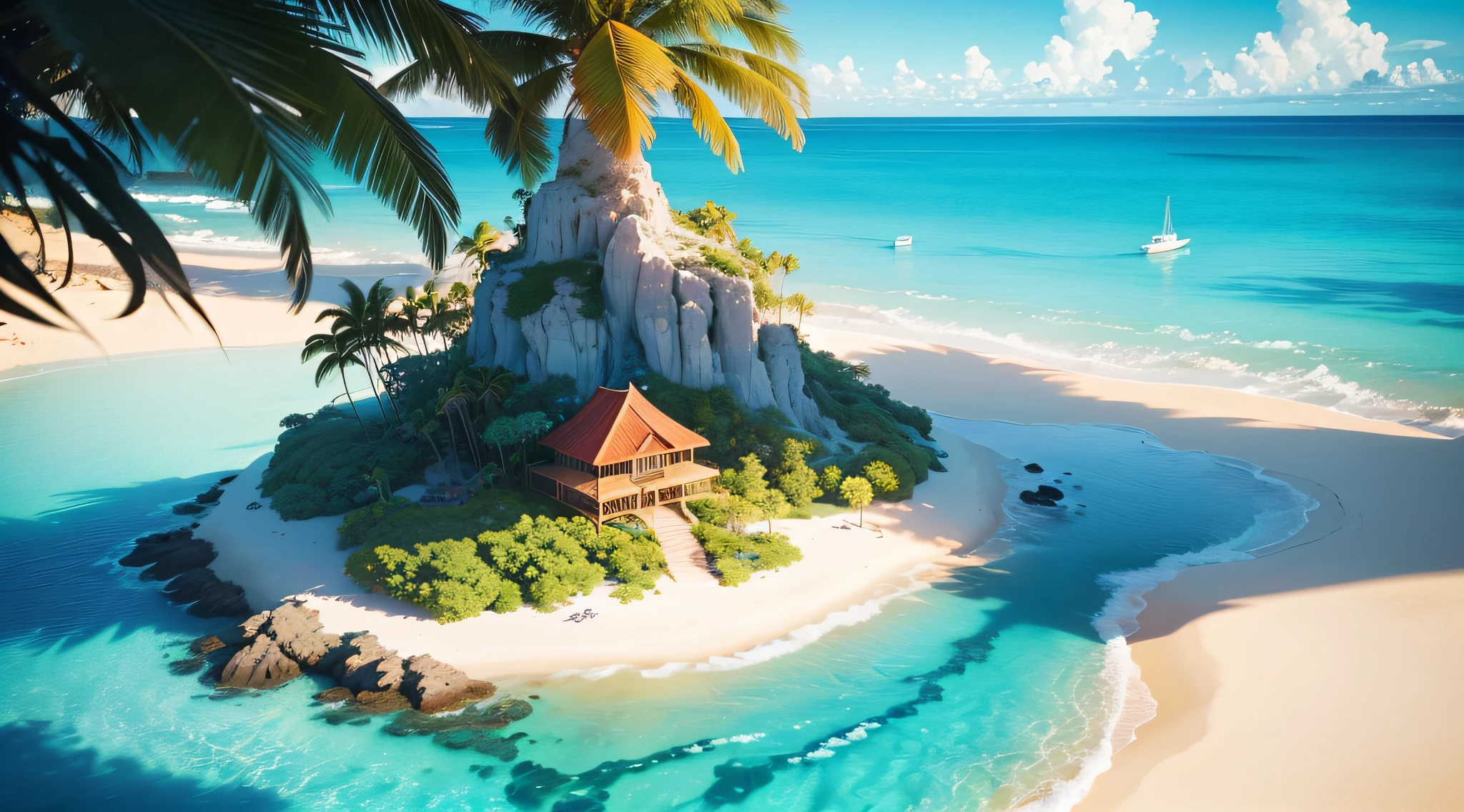 In the sea, a single island, Mermaid Island,beautiful detailed sand,crystal clear waters,breathtaking sunset,serene atmosphere,tropical plants and palm trees, vibrant coral reef, shimmering scales, long flowing hair, enchanting sea creatures, colorful seashells, magical underwater world, (best quality,4k,8k,highres,masterpiece:1.2),ultra-detailed,(realistic,photorealistic,photo-realistic:1.37),island paradise,secluded beach,blissful solitude,serene mermaid,ethereal beauty,surreal landscape,colorful marine life,dreamy pastel palette,golden sun rays,gentle waves,whispering breeze,mythical creatures,seafaring birds,secluded lagoon,deep blue ocean depths,magical sunset glow