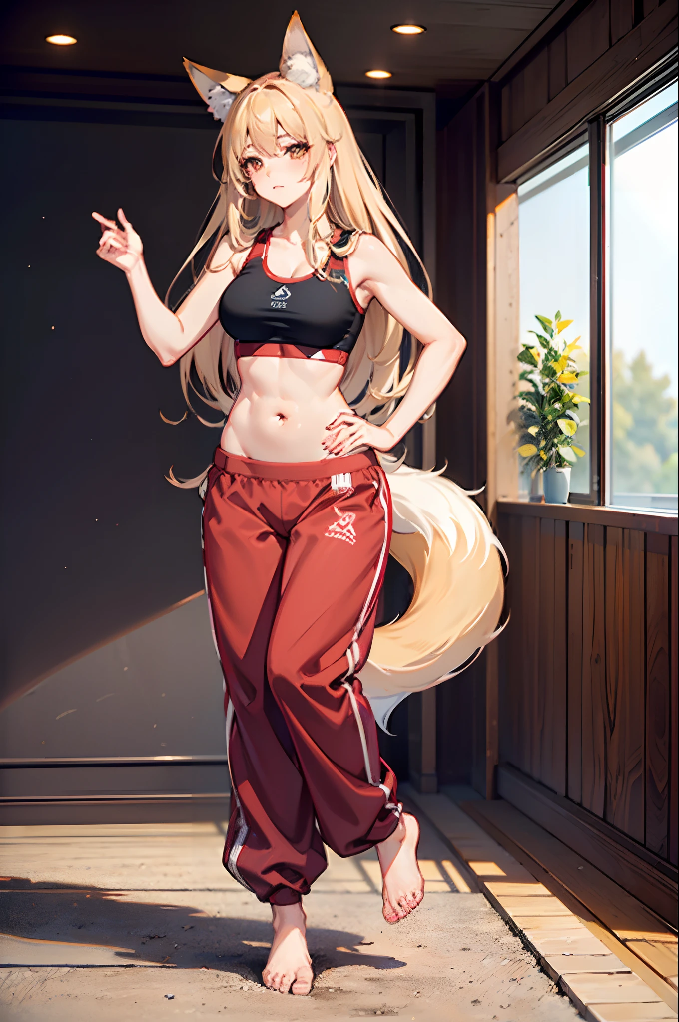 ((fox girl)), ((full body)), ((standing pose)), ((sports bra)), ((very long and wide belly dance harem pants)), ((bare feet)), ((totalmente detalhado))